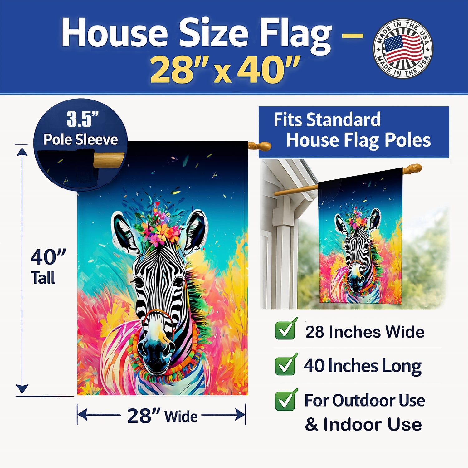 Hippie Animal Zebra House Flag 28x40 Porch Sleeve Pole Decorative Outside Yard Banner Artwork Wall Hanging, Polyester