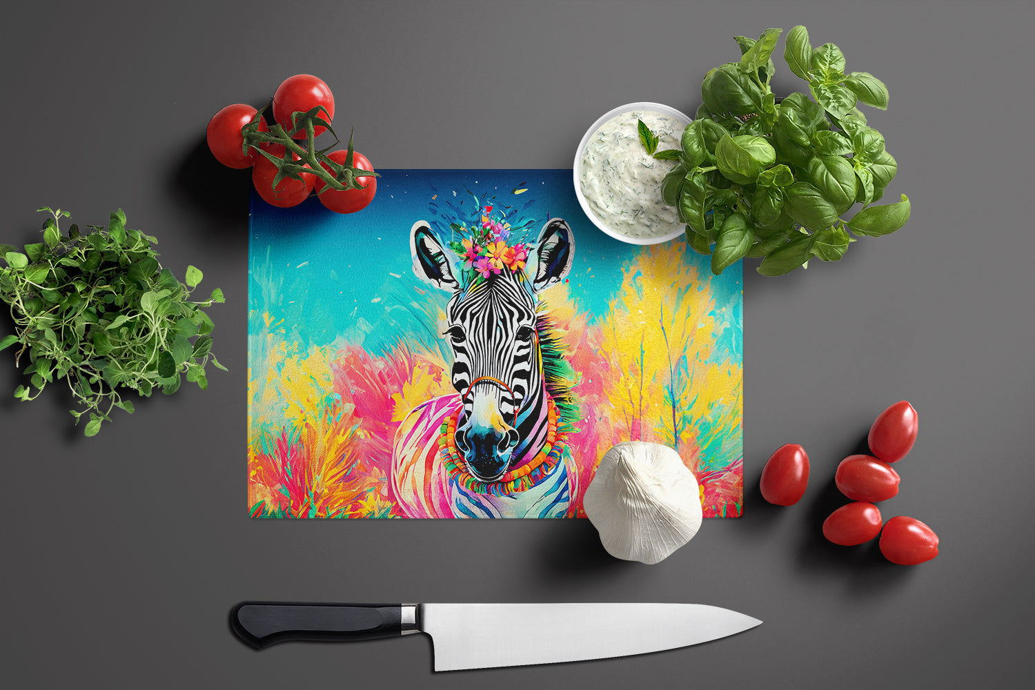 Hippie Animal Zebra Cutting Board Tempered Glass Kitchen Cutting Surface, Heat Resistant Chopping, Non-Slip Feet, Food Prep & Serving