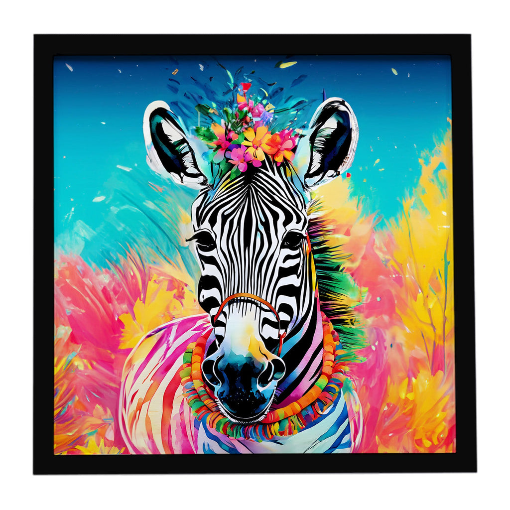 Hippie Animal Zebra Framed Metal Print Bathroom, Kitchen, Office, Home Decor Wall Art Ready to Hang, Square, 8X8