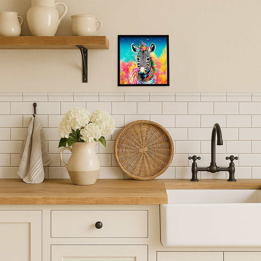 Hippie Animal Zebra Framed Metal Print Bathroom, Kitchen, Office, Home Decor Wall Art Ready to Hang, Square, 8X8