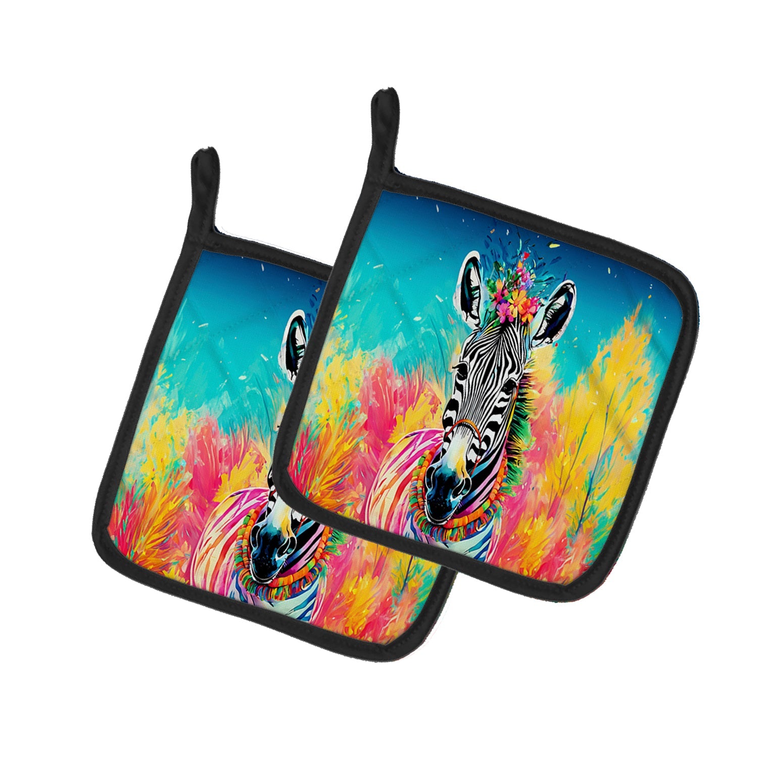 Hippie Animal Zebra Pot Holder Set of 2 Heat Resistant Quilted Hot Pads 7.5 x 7.5 Inch, Insulated Kitchen Trivets for Cooking & Baking