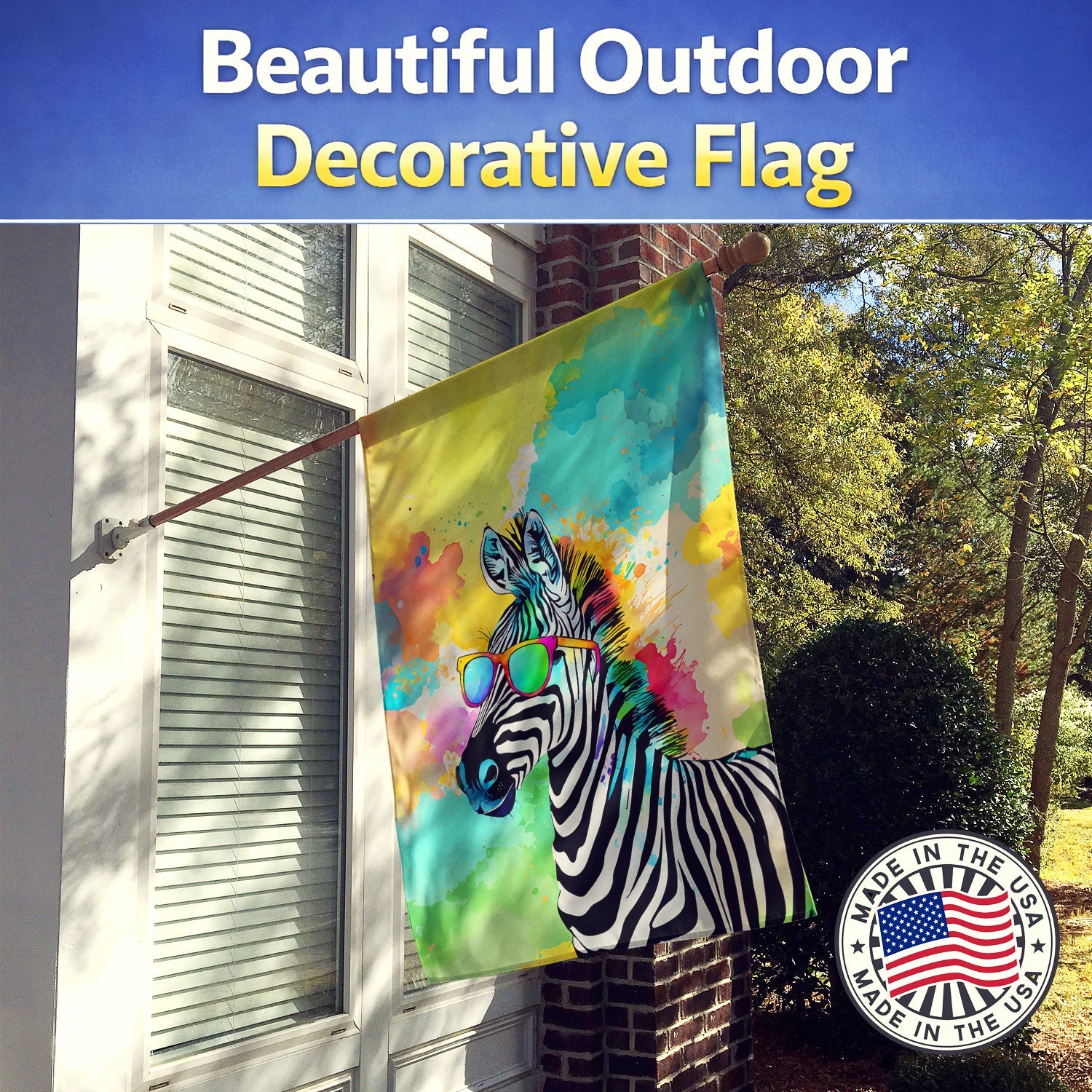 Hippie Animal Zebra House Flag 28x40 Porch Sleeve Pole Decorative Outside Yard Banner Artwork Wall Hanging, Polyester