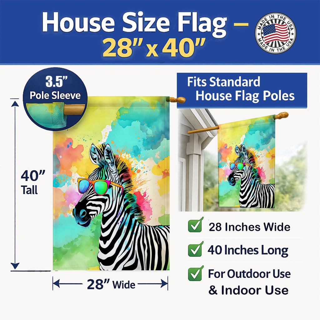 Hippie Animal Zebra House Flag 28x40 Porch Sleeve Pole Decorative Outside Yard Banner Artwork Wall Hanging, Polyester