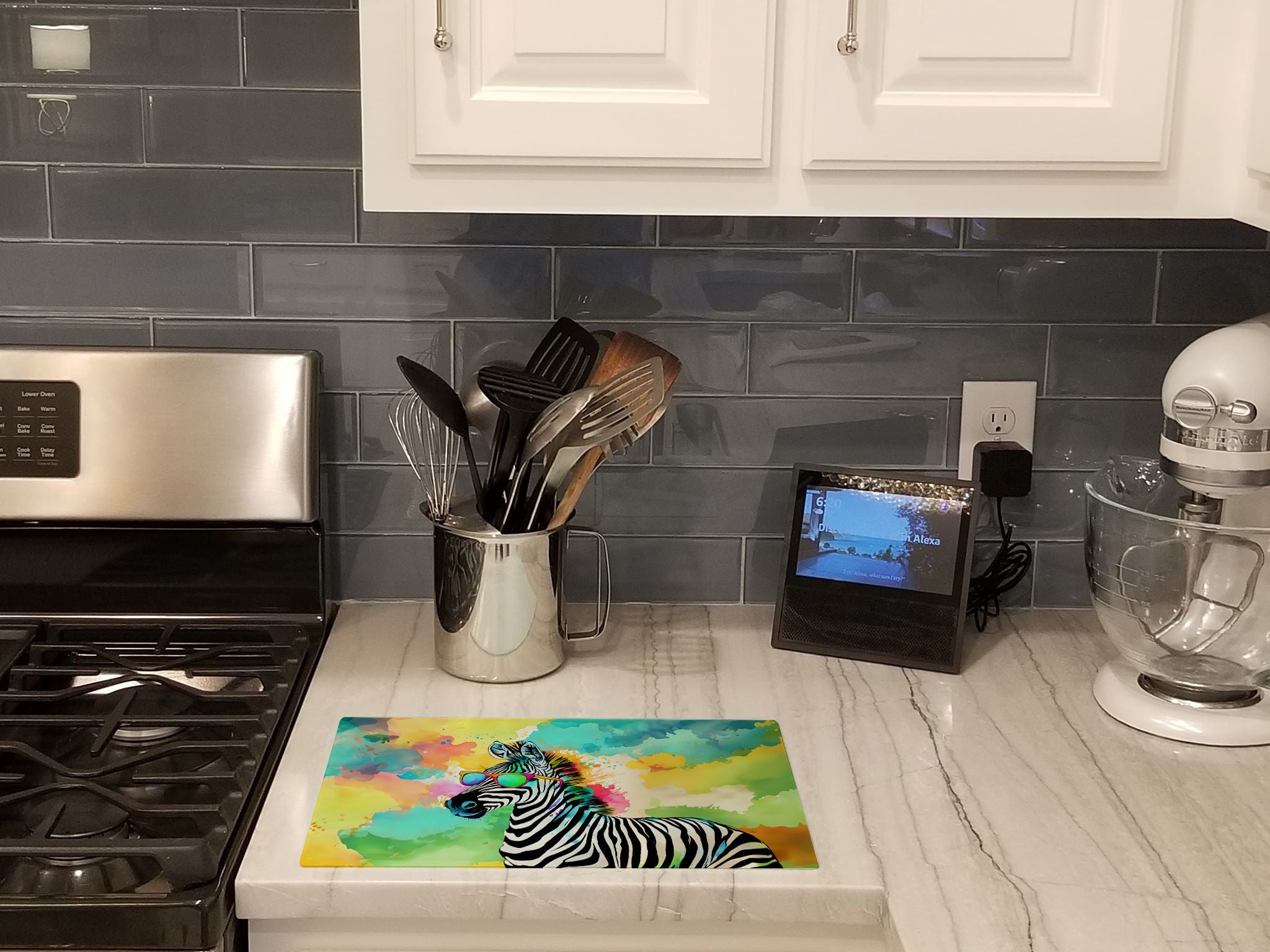 Hippie Animal Zebra Cutting Board Tempered Glass Kitchen Cutting Surface, Heat Resistant Chopping, Non-Slip Feet, Food Prep & Serving