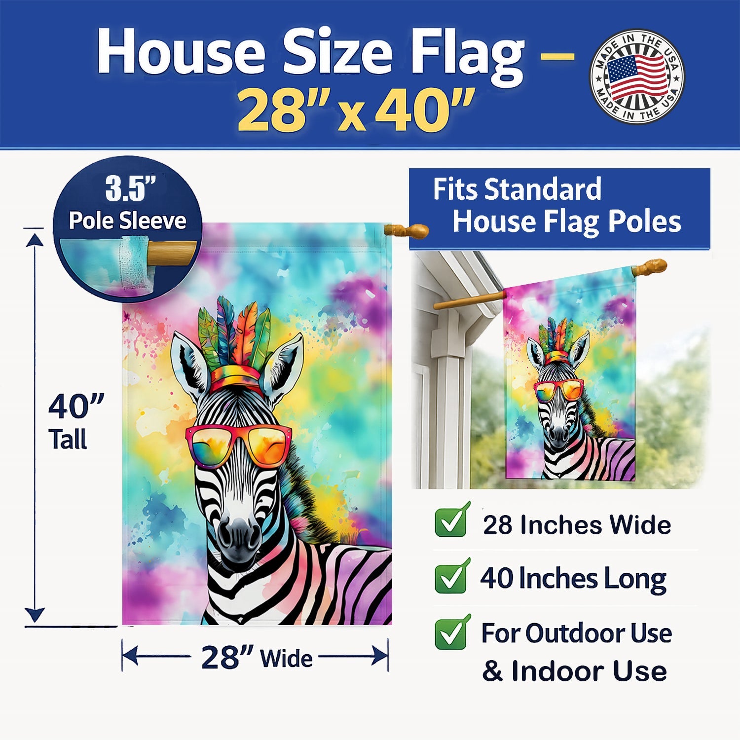 Hippie Animal Zebra House Flag 28x40 Porch Sleeve Pole Decorative Outside Yard Banner Artwork Wall Hanging, Polyester