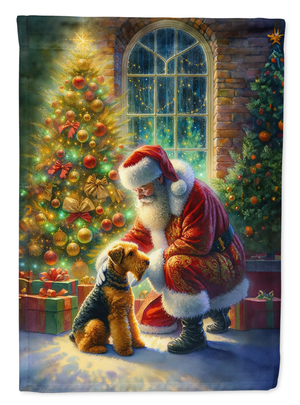 Airedale Terrier and Santa Claus House Flag 28x40 Porch Sleeve Pole Decorative Outside Yard Banner Artwork Wall Hanging, Polyester