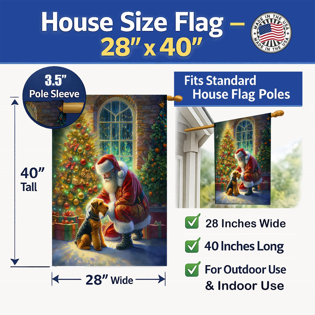 Airedale Terrier and Santa Claus House Flag 28x40 Porch Sleeve Pole Decorative Outside Yard Banner Artwork Wall Hanging, Polyester