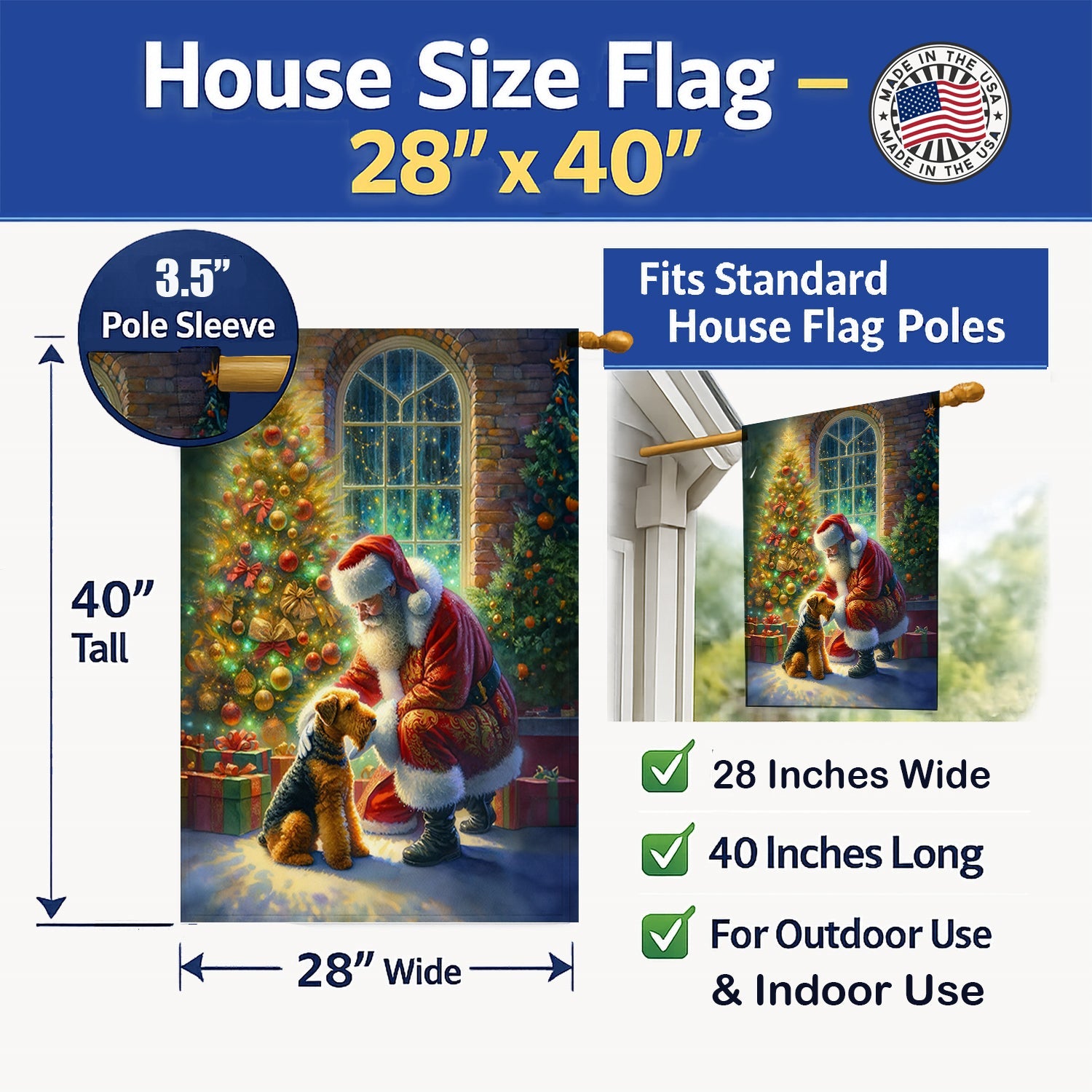 Airedale Terrier and Santa Claus House Flag 28x40 Porch Sleeve Pole Decorative Outside Yard Banner Artwork Wall Hanging, Polyester