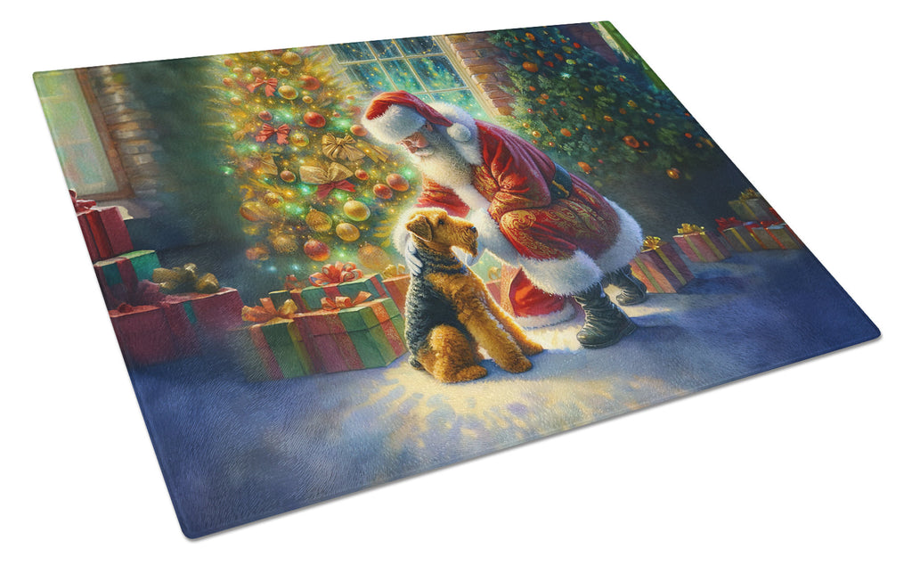 Airedale Terrier and Santa Claus Cutting Board Tempered Glass Kitchen Cutting Surface, Heat Resistant Chopping, Non-Slip Feet, Food Prep & Serving