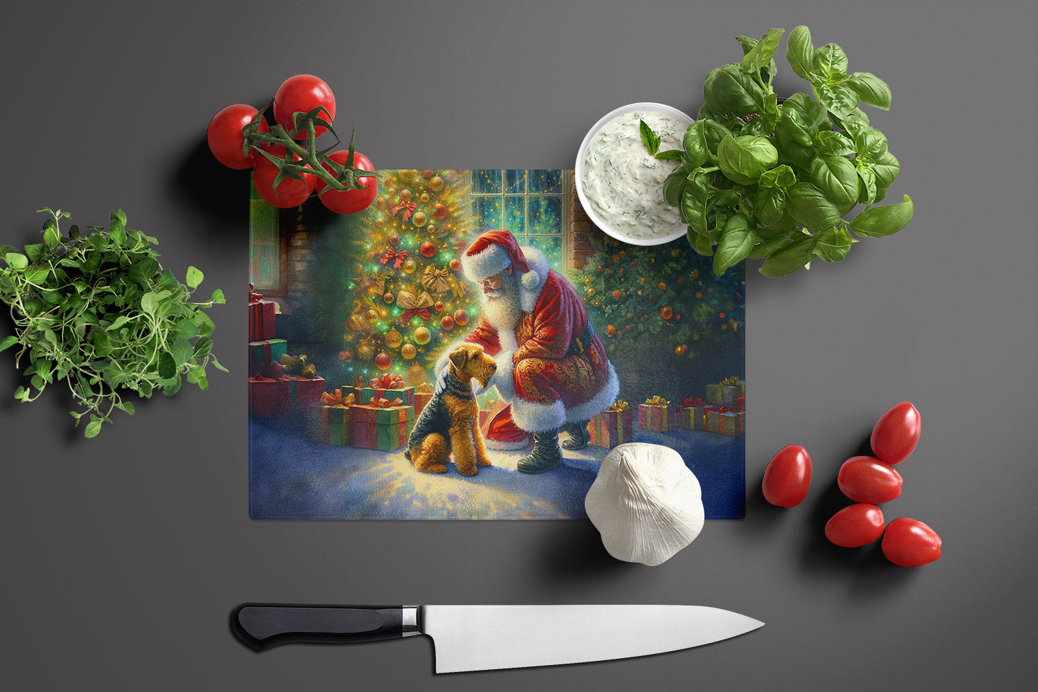 Airedale Terrier and Santa Claus Cutting Board Tempered Glass Kitchen Cutting Surface, Heat Resistant Chopping, Non-Slip Feet, Food Prep & Serving