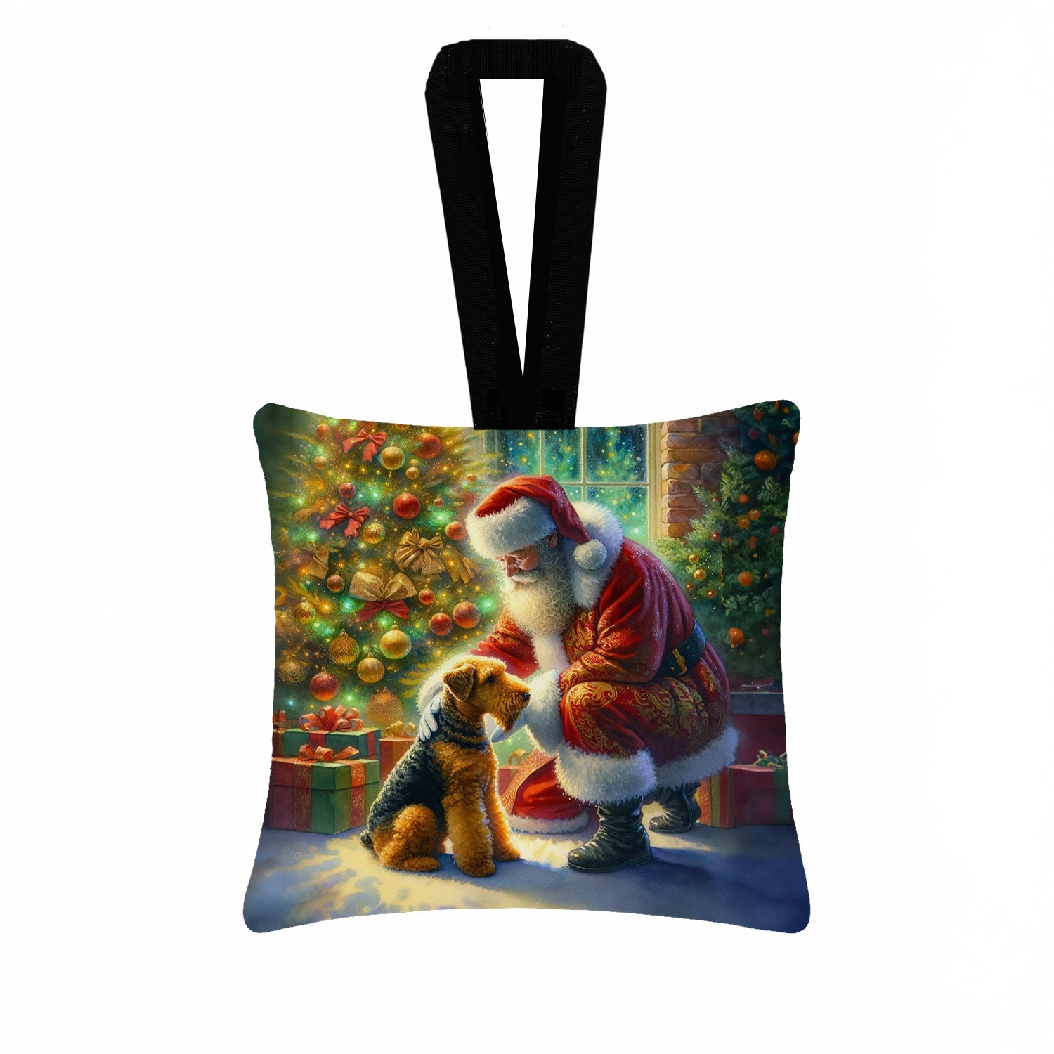 Airedale Terrier and Santa Claus Hanging Square Fabric Ornament 3.5 × 3.5 Decorative Door-Knob & Tree Hanger, Soft Fabric