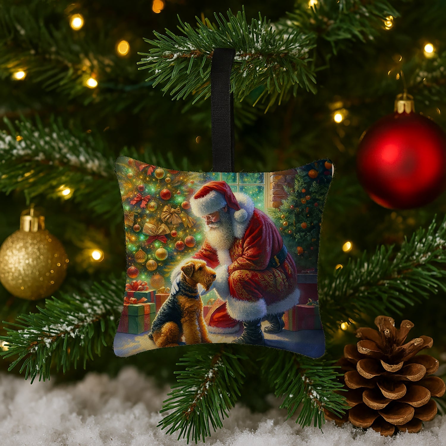 Airedale Terrier and Santa Claus Hanging Square Fabric Ornament 3.5 × 3.5 Decorative Door-Knob & Tree Hanger, Soft Fabric