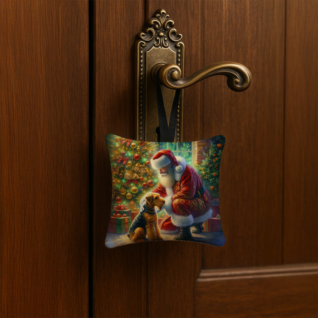 Airedale Terrier and Santa Claus Hanging Square Fabric Ornament 3.5 × 3.5 Decorative Door-Knob & Tree Hanger, Soft Fabric