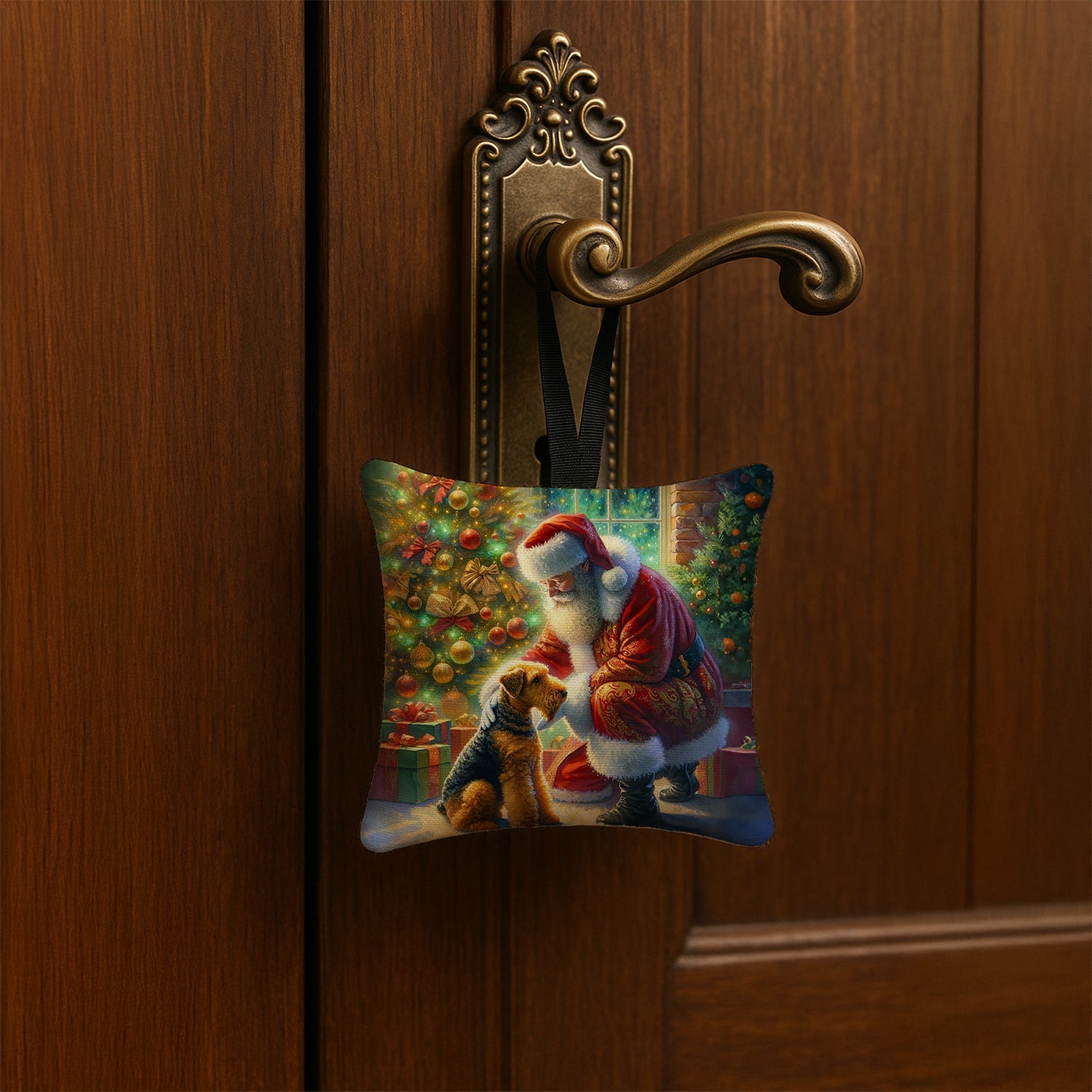 Airedale Terrier and Santa Claus Hanging Square Fabric Ornament 3.5 × 3.5 Decorative Door-Knob & Tree Hanger, Soft Fabric