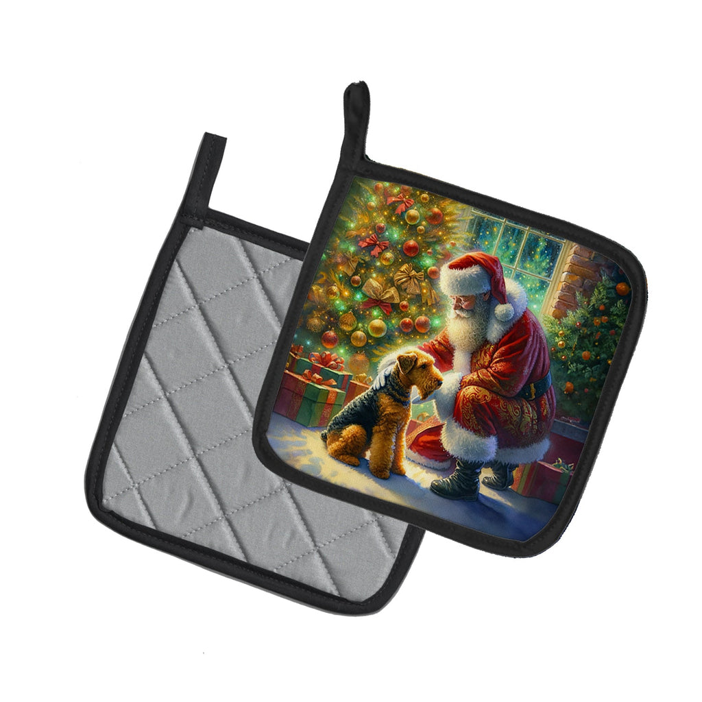 Airedale Terrier and Santa Claus Pot Holder Set of 2 Heat Resistant Quilted Hot Pads 7.5 x 7.5 Inch, Insulated Kitchen Trivets for Cooking & Baking