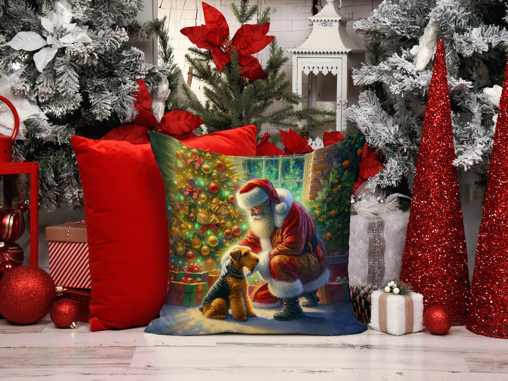 Airedale Terrier and Santa Claus Decorative Throw Pillow 14x14 Indoor Outdoor Accent Cushion, Fabric Cover with Insert for Sofa, Bed, Porch & Living Room