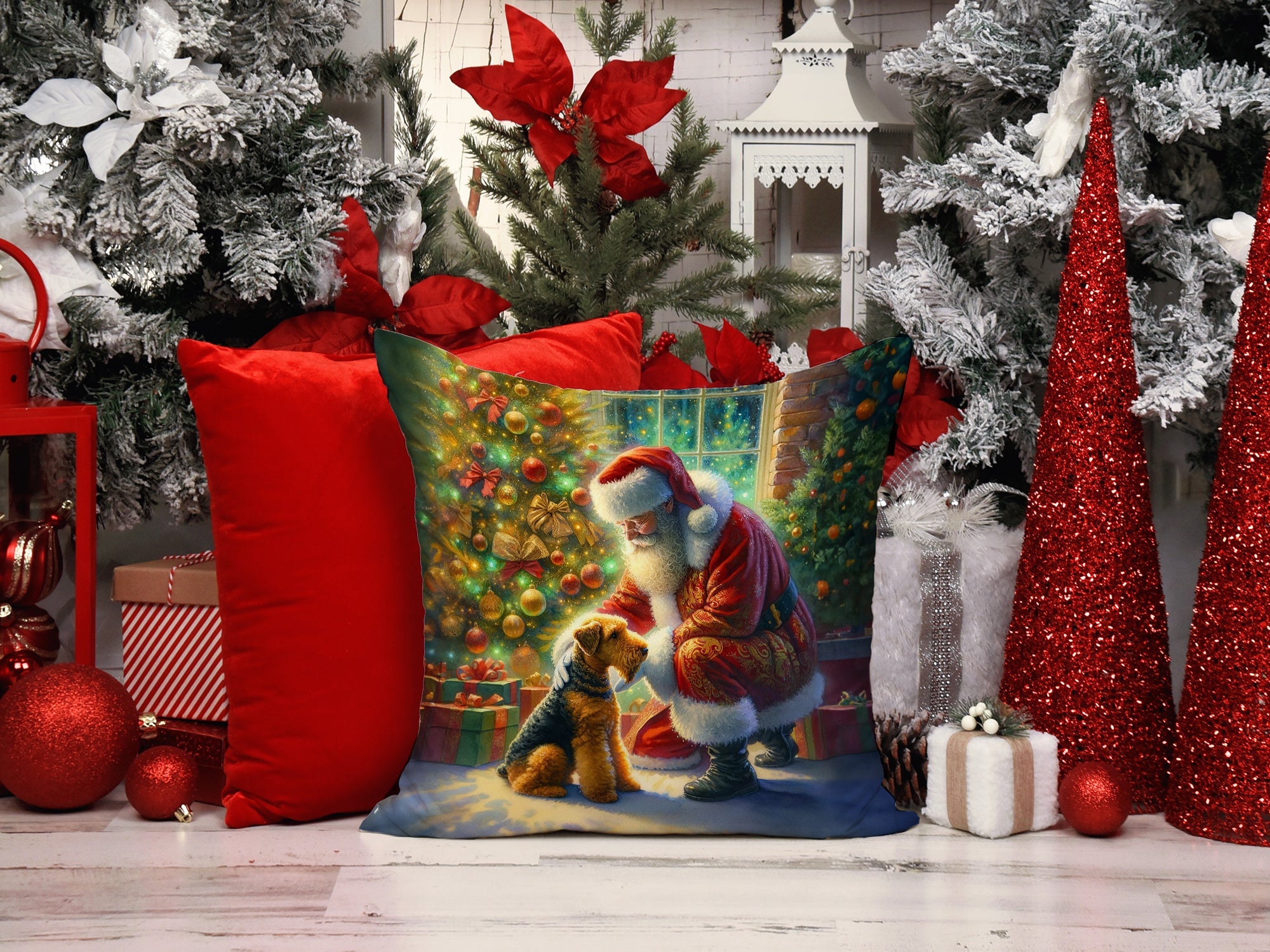 Airedale Terrier and Santa Claus Decorative Throw Pillow 14x14 Indoor Outdoor Accent Cushion, Fabric Cover with Insert for Sofa, Bed, Porch & Living Room