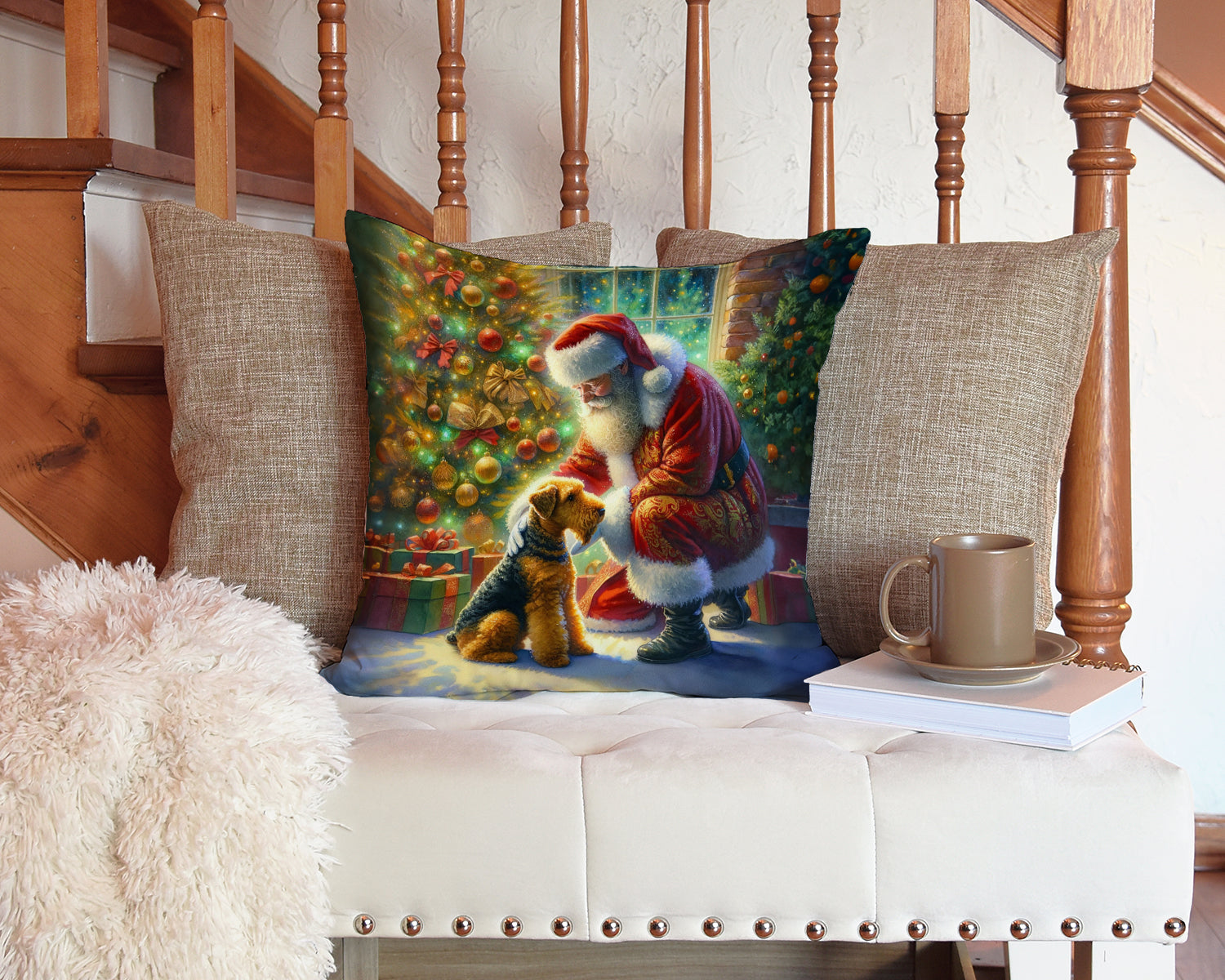 Airedale Terrier and Santa Claus Decorative Throw Pillow 14x14 Indoor Outdoor Accent Cushion, Fabric Cover with Insert for Sofa, Bed, Porch & Living Room