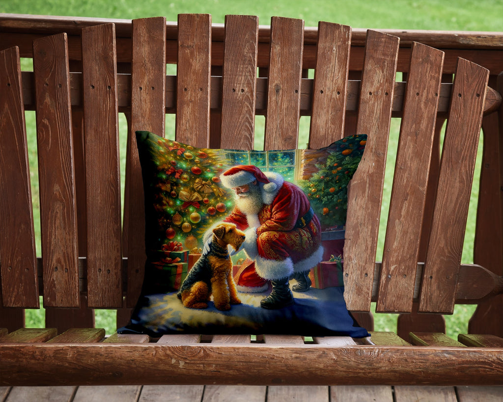 Airedale Terrier and Santa Claus Decorative Throw Pillow 14x14 Indoor Outdoor Accent Cushion, Fabric Cover with Insert for Sofa, Bed, Porch & Living Room