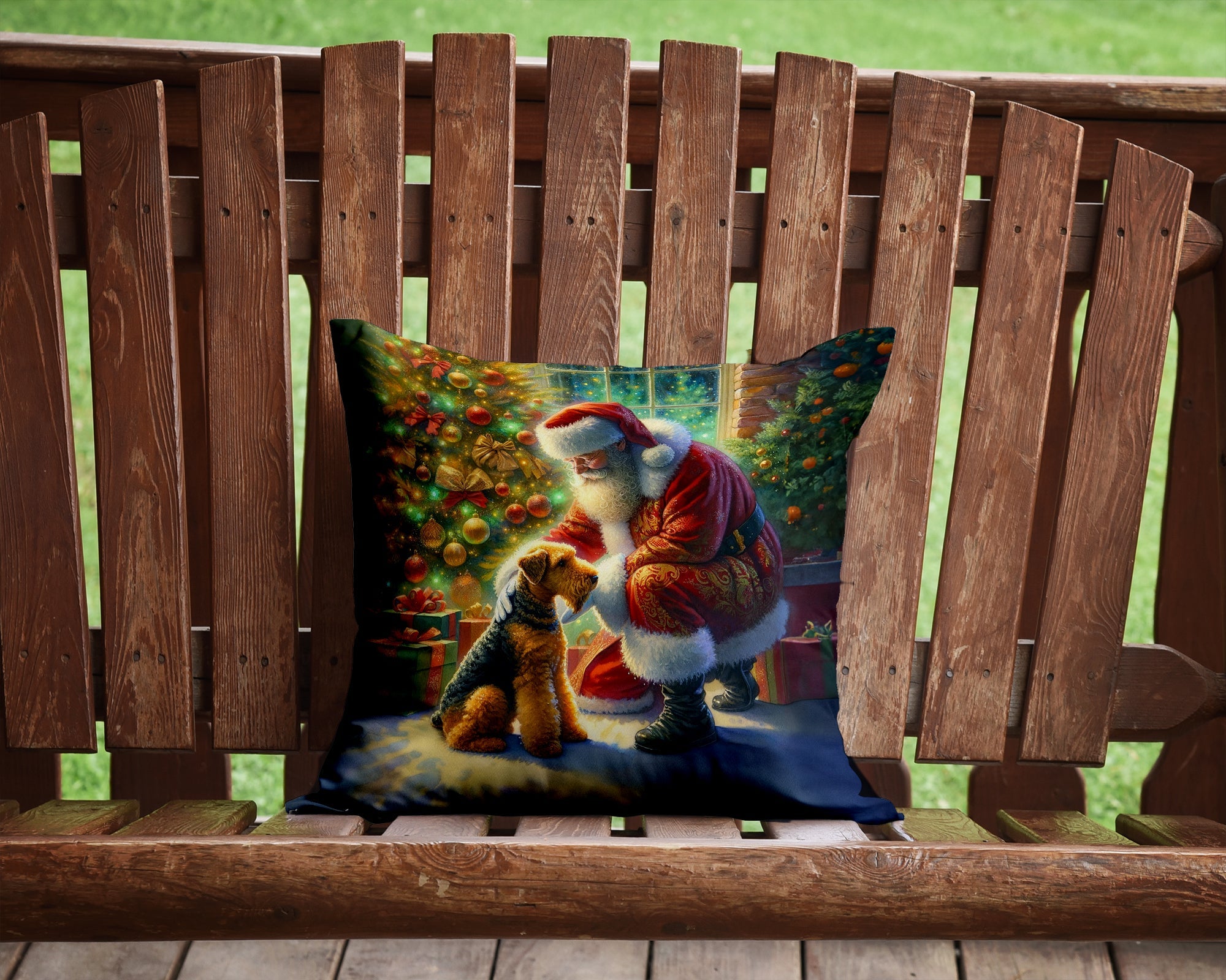 Airedale Terrier and Santa Claus Decorative Throw Pillow 14x14 Indoor Outdoor Accent Cushion, Fabric Cover with Insert for Sofa, Bed, Porch & Living Room