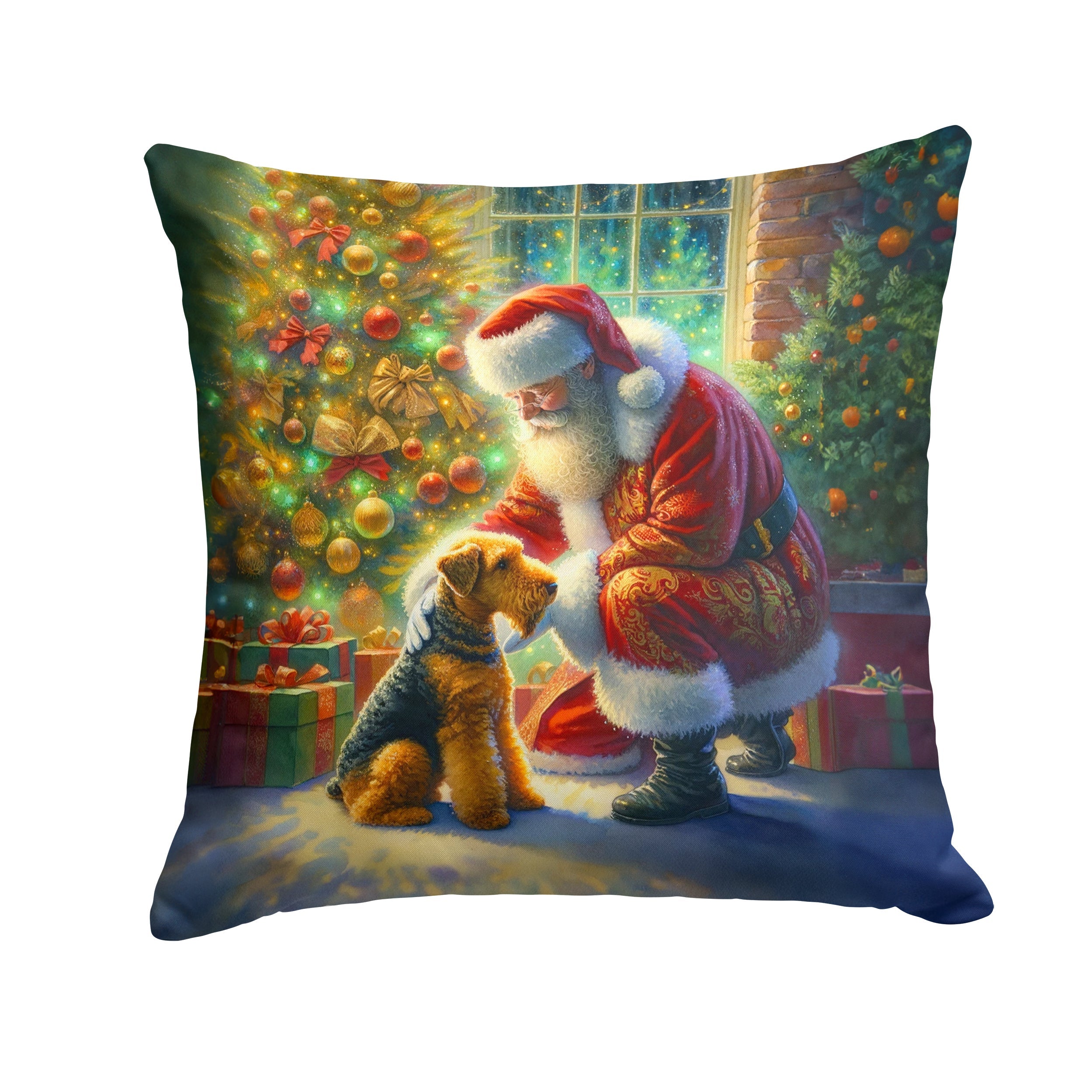 Airedale Terrier and Santa Claus Decorative Throw Pillow 18x18 Indoor Outdoor Accent Cushion, Fabric Cover with Insert for Sofa, Bed, Porch & Living Room