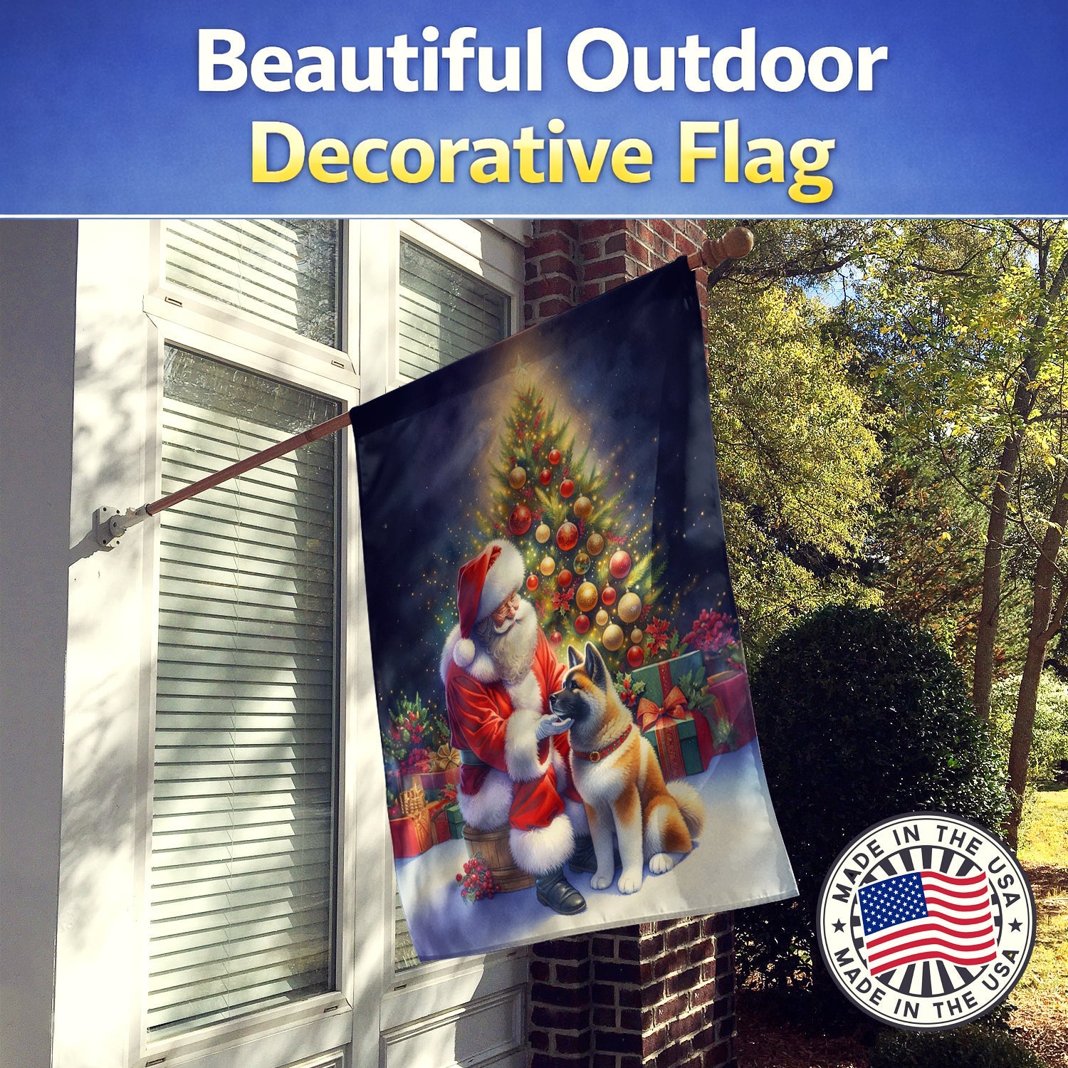 Akita and Santa Claus House Flag 28x40 Porch Sleeve Pole Decorative Outside Yard Banner Artwork Wall Hanging, Polyester