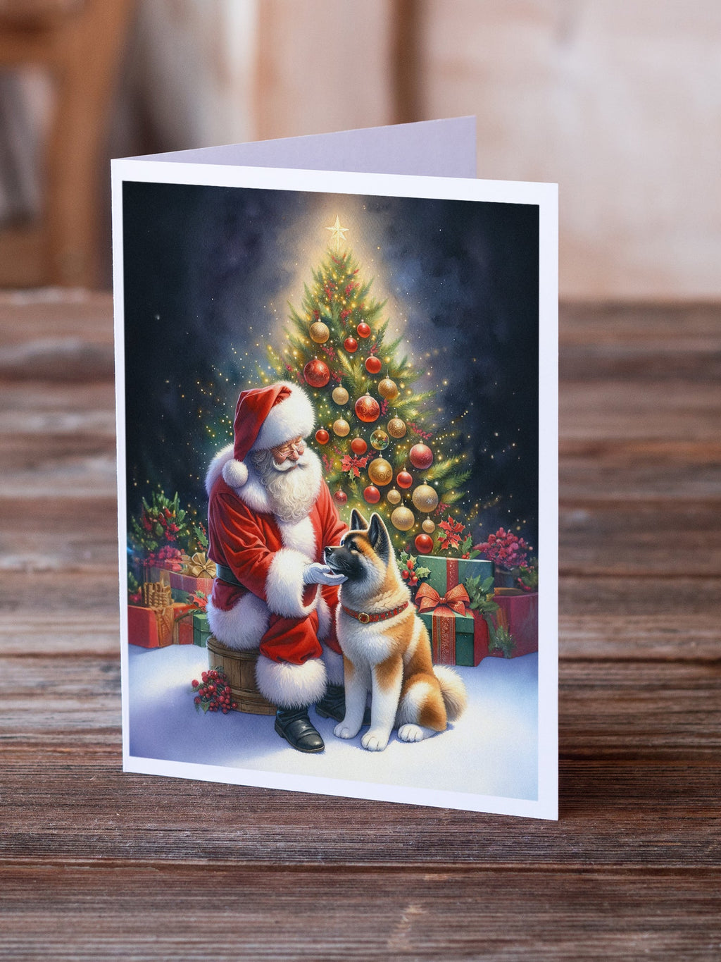 Akita and Santa Claus Greeting Cards Pack of 8 Blank Cards with Envelopes Whimsical A7 Size 5x7