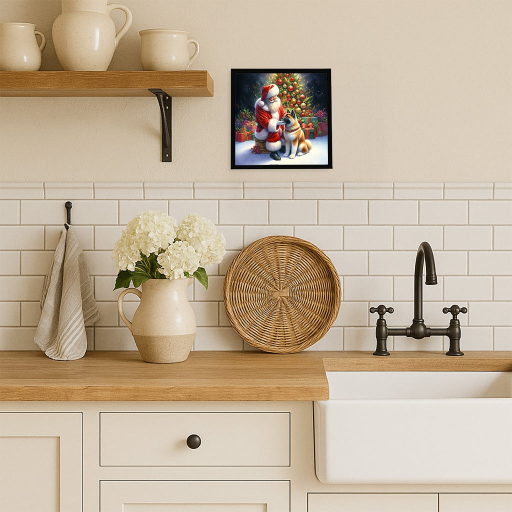 Akita and Santa Claus Framed Metal Print Bathroom, Kitchen, Office, Home Decor Wall Art Ready to Hang, Square, 8X8