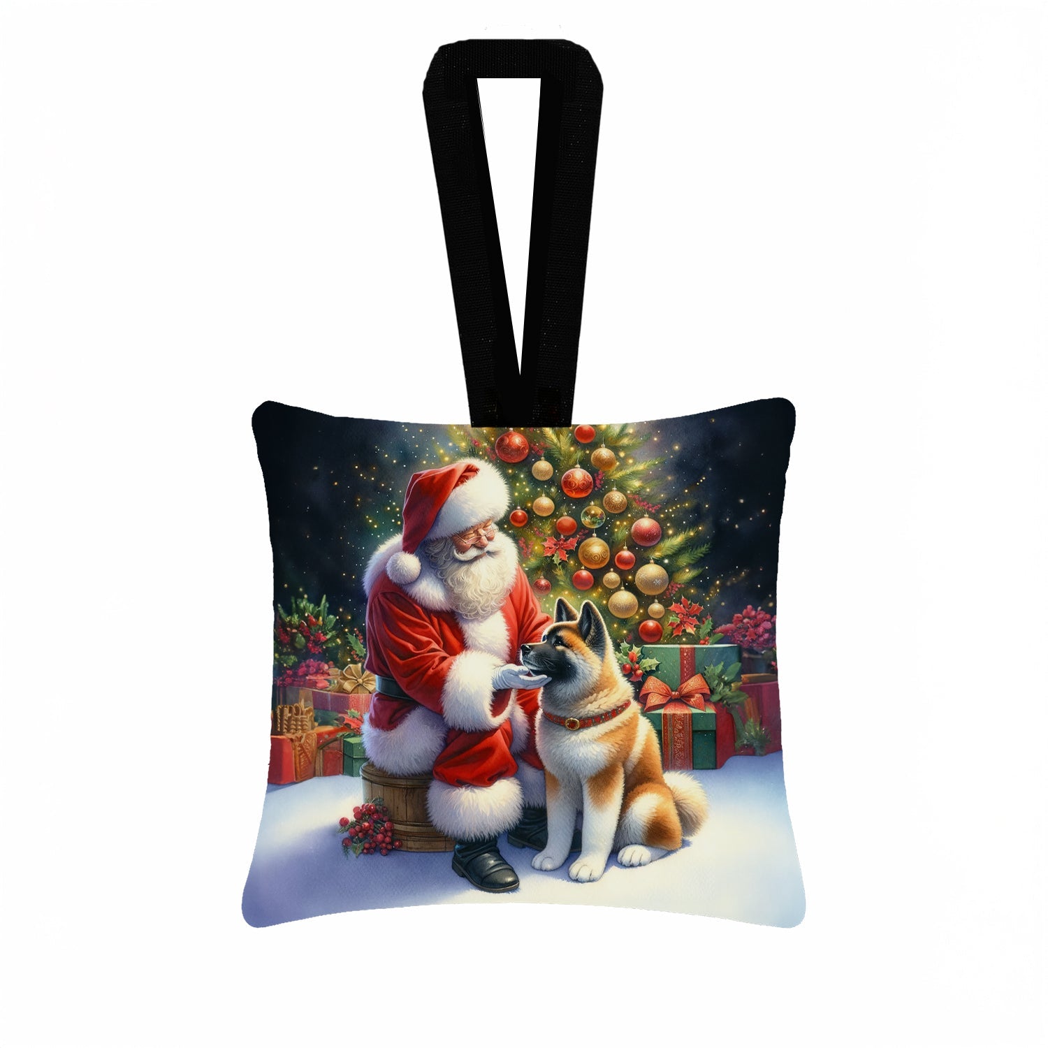 Akita and Santa Claus Hanging Square Fabric Ornament 3.5 × 3.5 Decorative Door-Knob & Tree Hanger, Soft Fabric