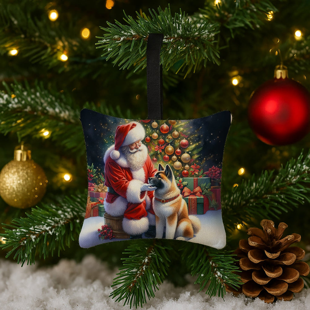 Akita and Santa Claus Hanging Square Fabric Ornament 3.5 × 3.5 Decorative Door-Knob & Tree Hanger, Soft Fabric