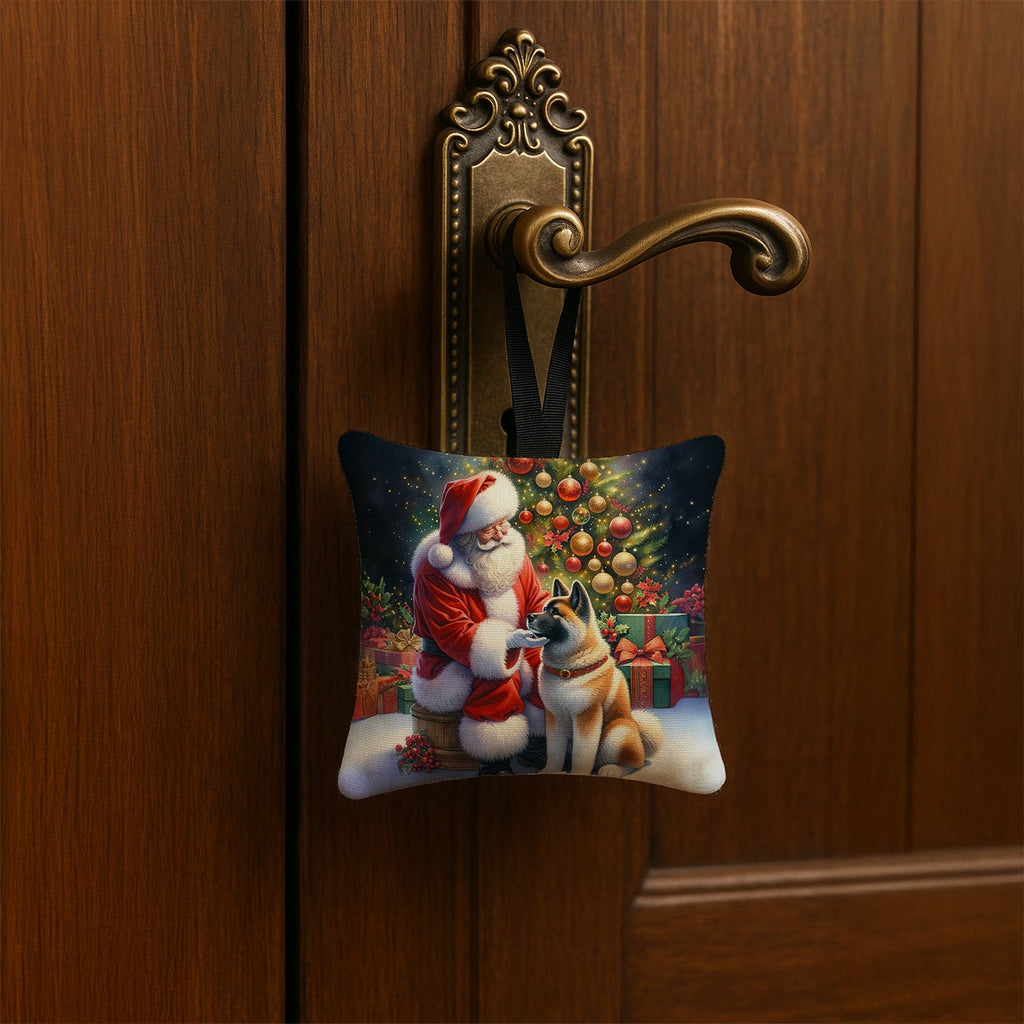 Akita and Santa Claus Hanging Square Fabric Ornament 3.5 × 3.5 Decorative Door-Knob & Tree Hanger, Soft Fabric