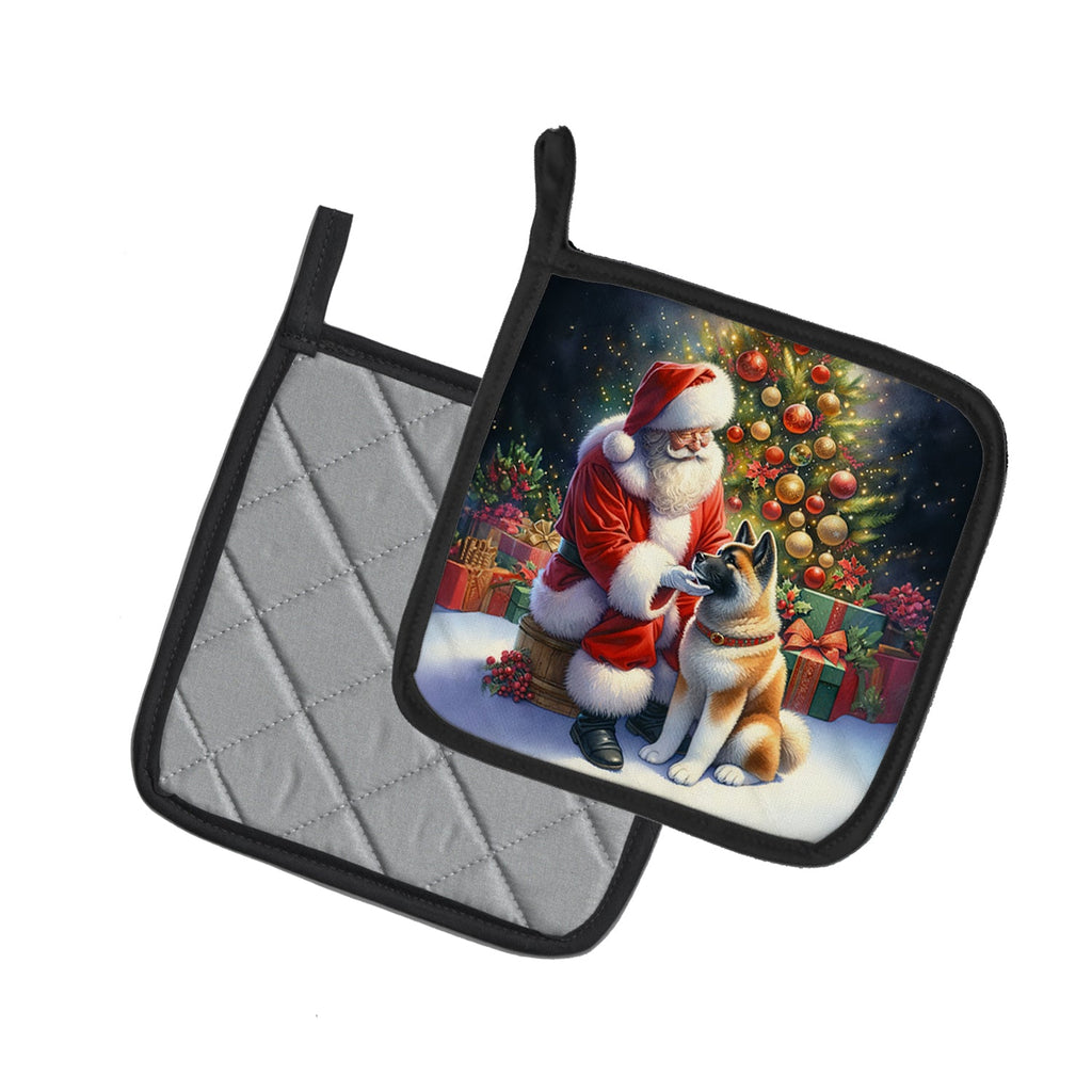 Akita and Santa Claus Pot Holder Set of 2 Heat Resistant Quilted Hot Pads 7.5 x 7.5 Inch, Insulated Kitchen Trivets for Cooking & Baking