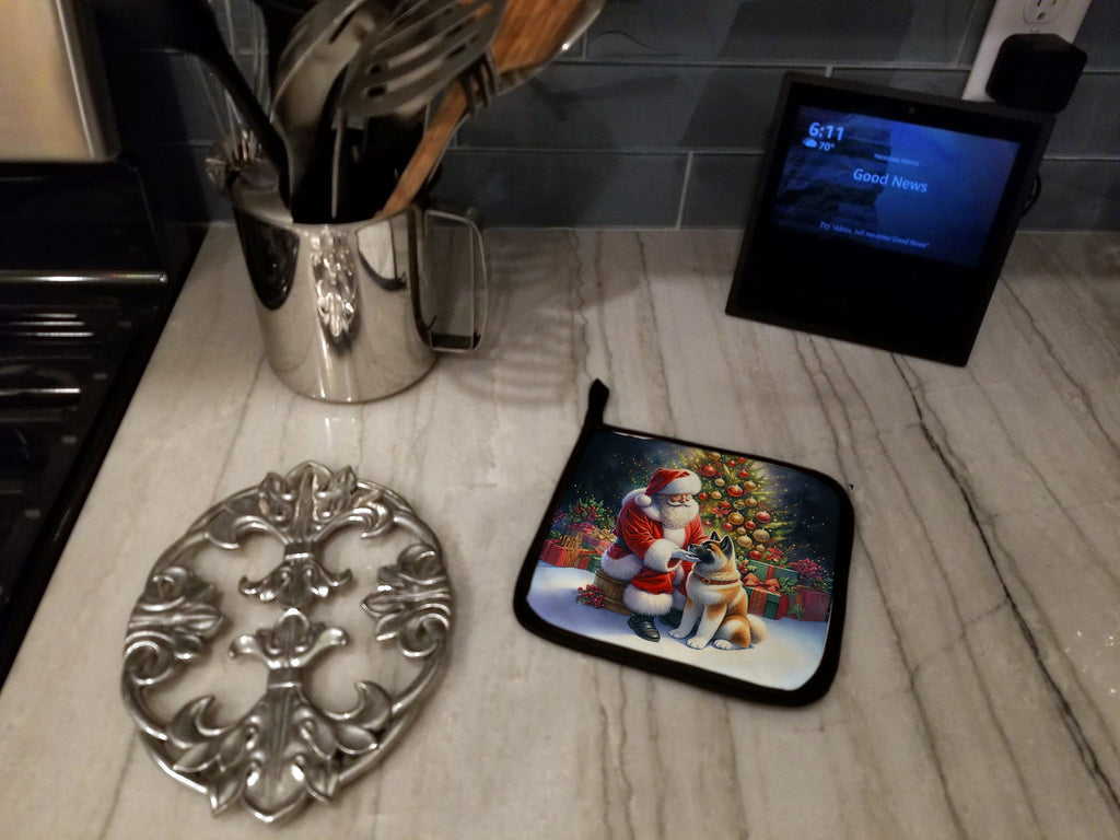 Akita and Santa Claus Pot Holder Set of 2 Heat Resistant Quilted Hot Pads 7.5 x 7.5 Inch, Insulated Kitchen Trivets for Cooking & Baking