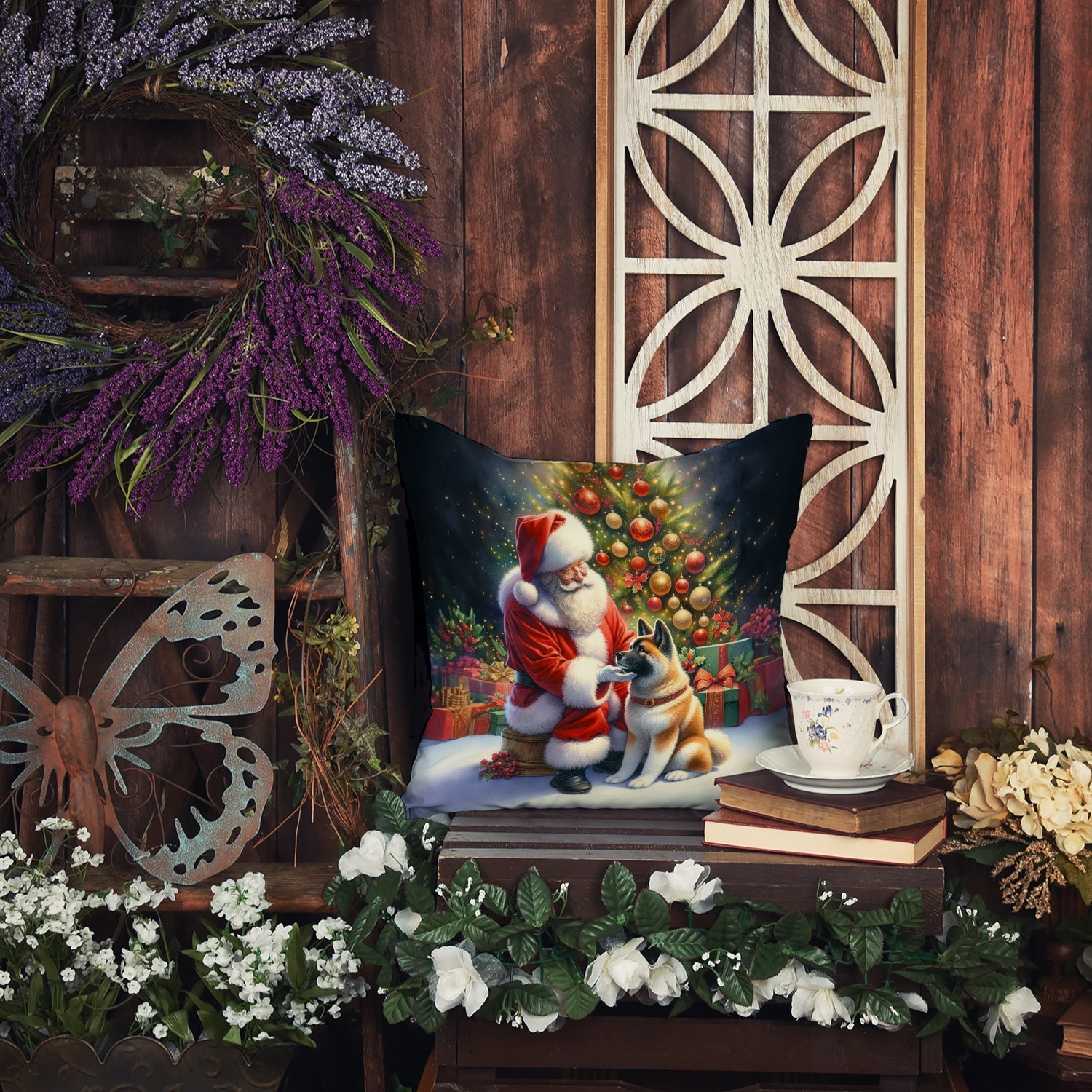 Akita and Santa Claus Decorative Throw Pillow 14x14 Indoor Outdoor Accent Cushion, Fabric Cover with Insert for Sofa, Bed, Porch & Living Room