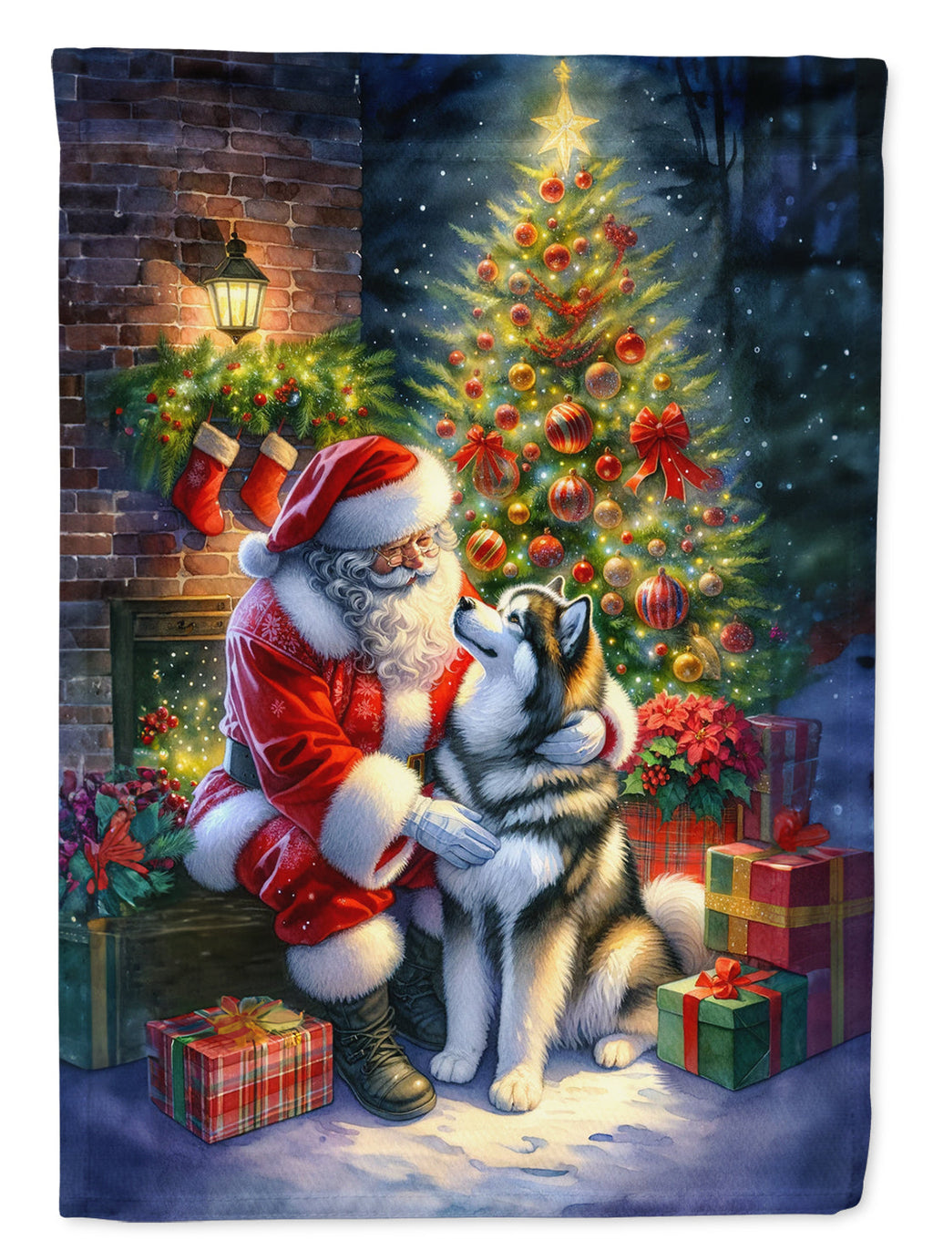 Alaskan Malamute and Santa Claus House Flag 28x40 Porch Sleeve Pole Decorative Outside Yard Banner Artwork Wall Hanging, Polyester