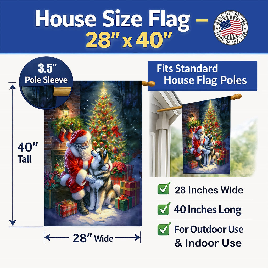 Alaskan Malamute and Santa Claus House Flag 28x40 Porch Sleeve Pole Decorative Outside Yard Banner Artwork Wall Hanging, Polyester