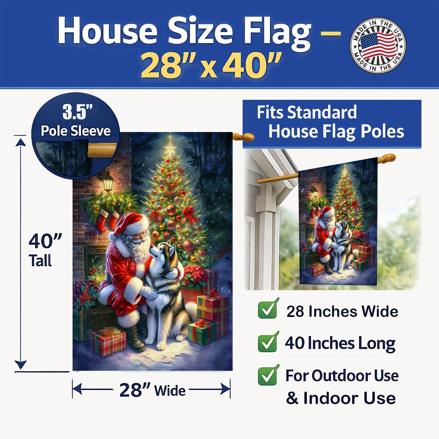 Alaskan Malamute and Santa Claus House Flag 28x40 Porch Sleeve Pole Decorative Outside Yard Banner Artwork Wall Hanging, Polyester