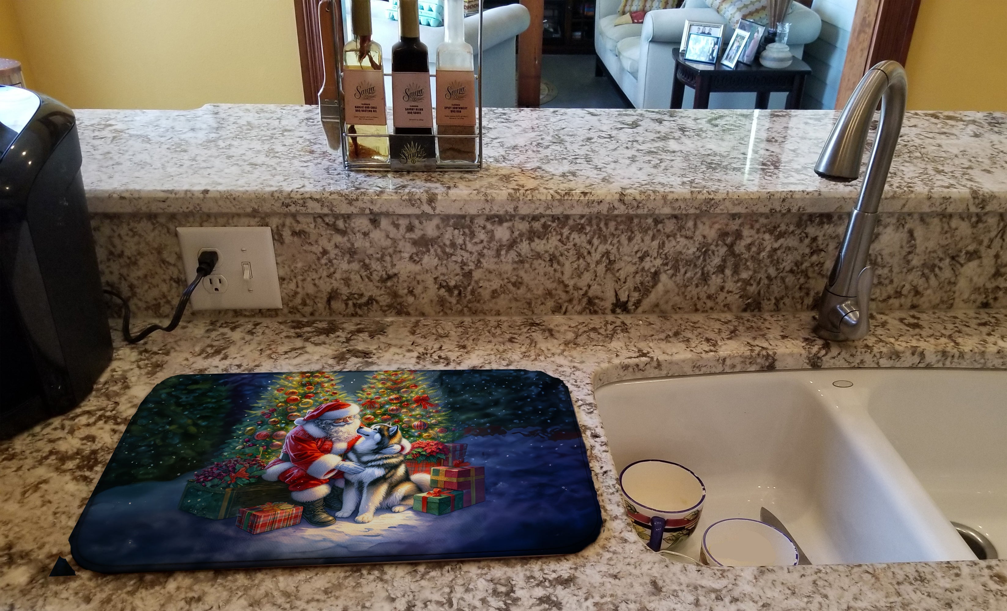 Alaskan Malamute and Santa Claus Dish Drying Mat Absorbent Dish Drying Mat Pad for Kitchen Counter Dish Drainer Mat for Countertop, 14 x 21", Multicolor