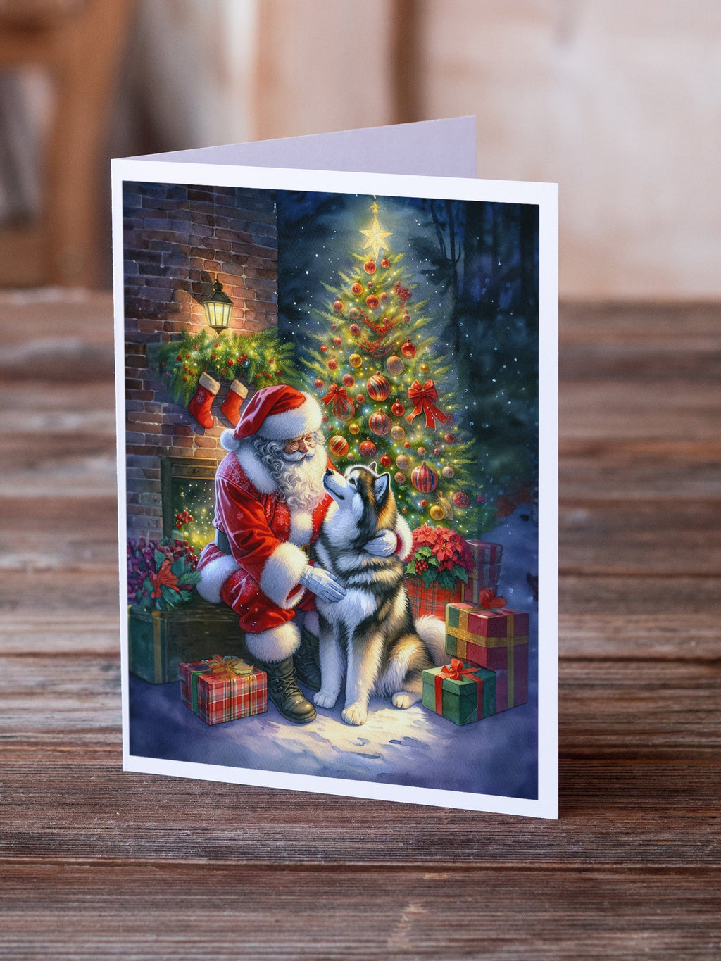 Alaskan Malamute and Santa Claus Greeting Cards Pack of 8 Blank Cards with Envelopes Whimsical A7 Size 5x7