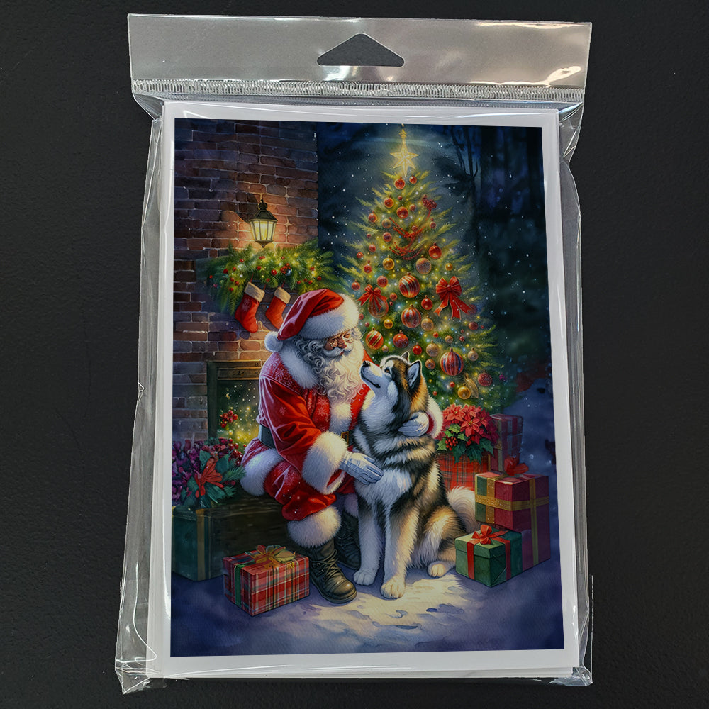 Alaskan Malamute and Santa Claus Greeting Cards Pack of 8 Blank Cards with Envelopes Whimsical A7 Size 5x7