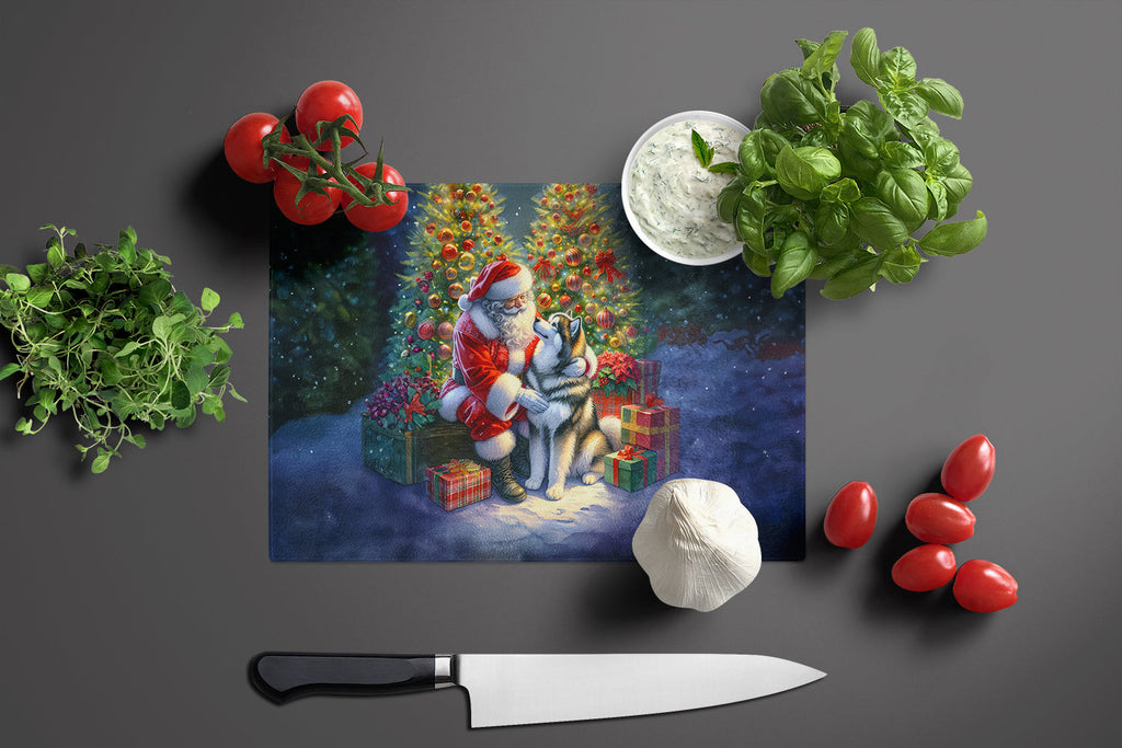 Alaskan Malamute and Santa Claus Cutting Board Tempered Glass Kitchen Cutting Surface, Heat Resistant Chopping, Non-Slip Feet, Food Prep & Serving