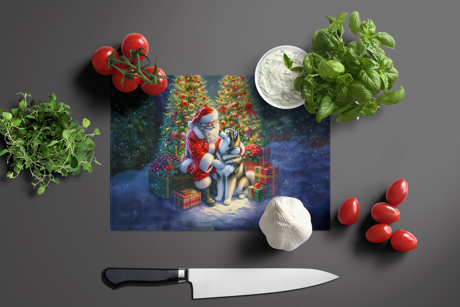 Alaskan Malamute and Santa Claus Cutting Board Tempered Glass Kitchen Cutting Surface, Heat Resistant Chopping, Non-Slip Feet, Food Prep & Serving