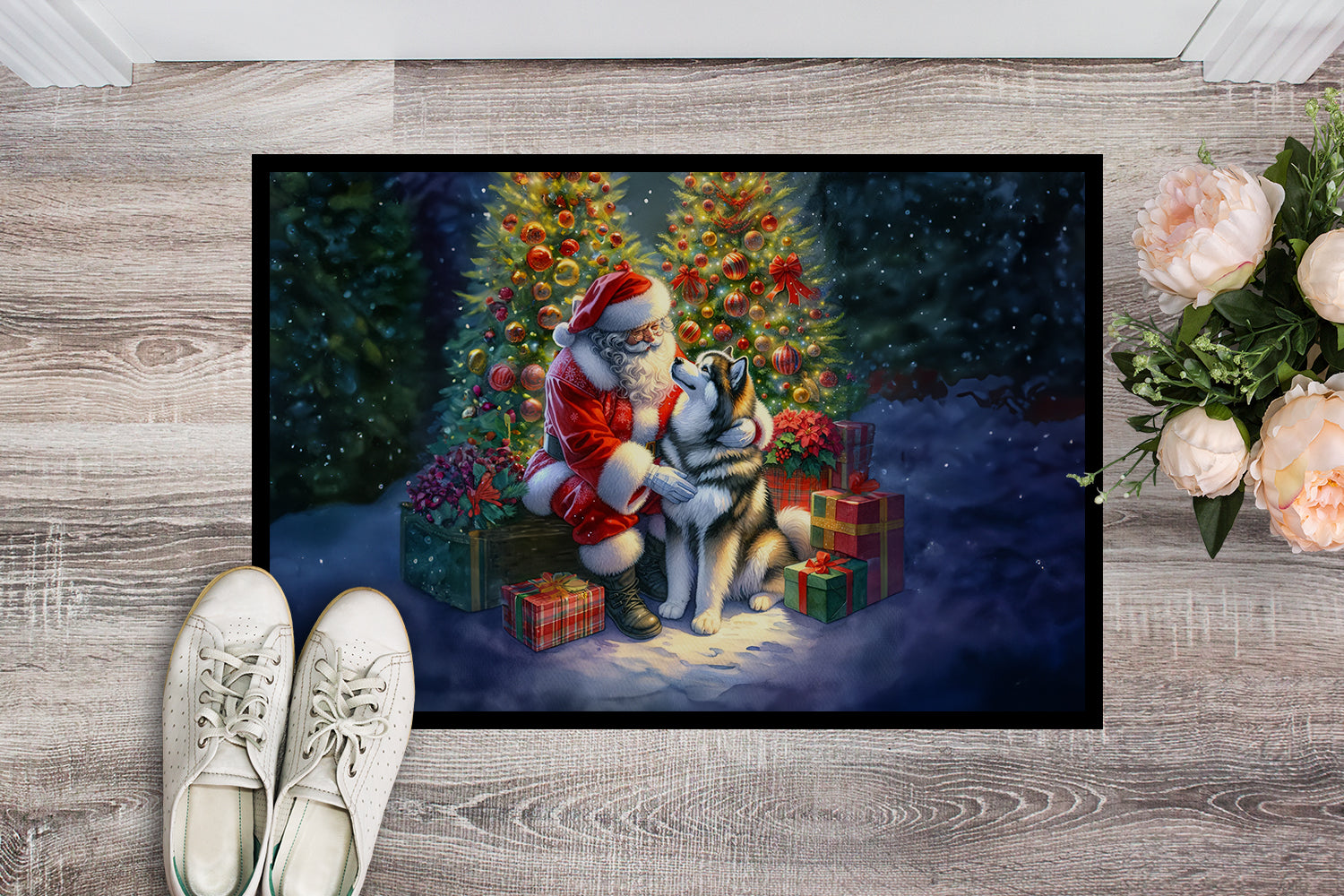 Alaskan Malamute and Santa Claus Doormat Indoor Outdoor 18H X 27W Front Door Mat Rugs for Entryway, Non Slip Washable