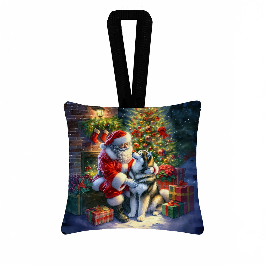 Alaskan Malamute and Santa Claus Hanging Square Fabric Ornament 3.5 × 3.5 Decorative Door-Knob & Tree Hanger, Soft Fabric