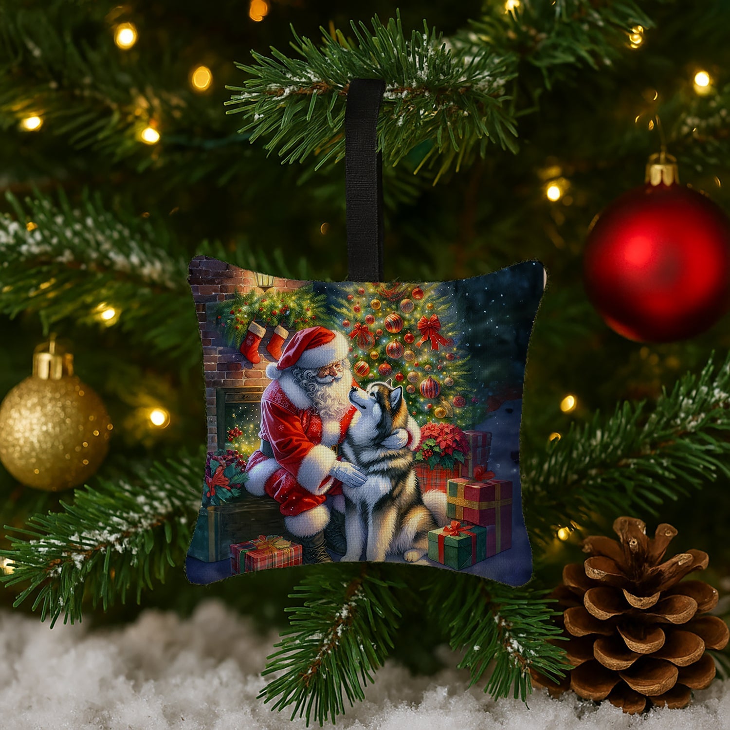 Alaskan Malamute and Santa Claus Hanging Square Fabric Ornament 3.5 × 3.5 Decorative Door-Knob & Tree Hanger, Soft Fabric