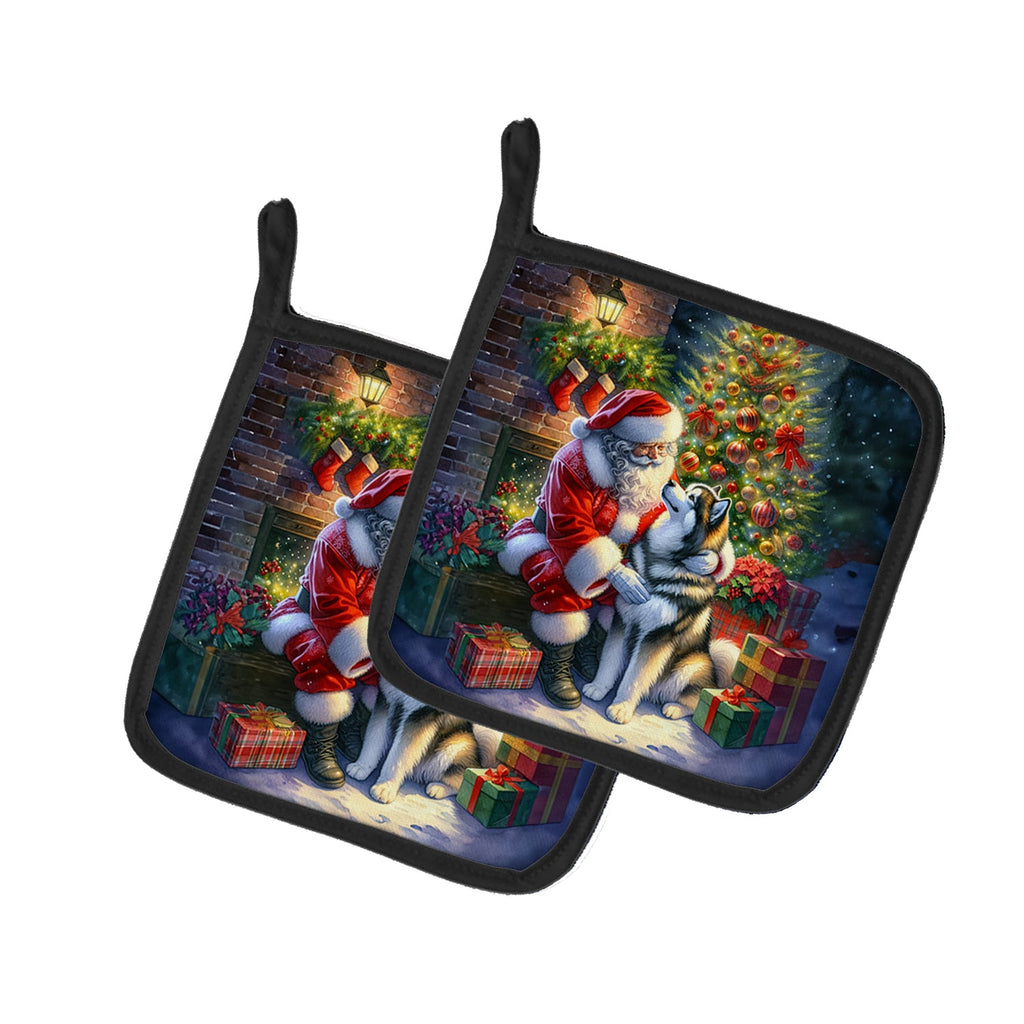 Alaskan Malamute and Santa Claus Pot Holder Set of 2 Heat Resistant Quilted Hot Pads 7.5 x 7.5 Inch, Insulated Kitchen Trivets for Cooking & Baking
