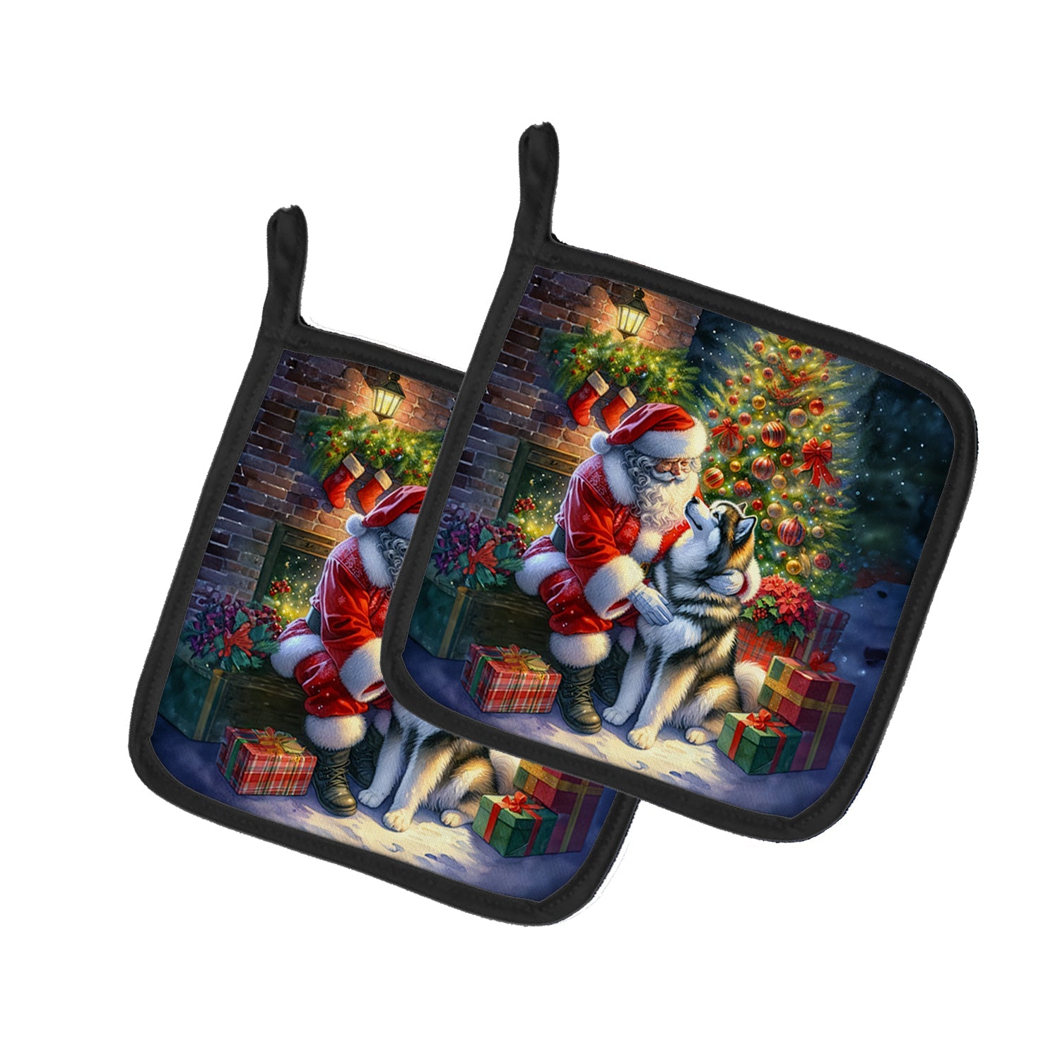 Alaskan Malamute and Santa Claus Pot Holder Set of 2 Heat Resistant Quilted Hot Pads 7.5 x 7.5 Inch, Insulated Kitchen Trivets for Cooking & Baking