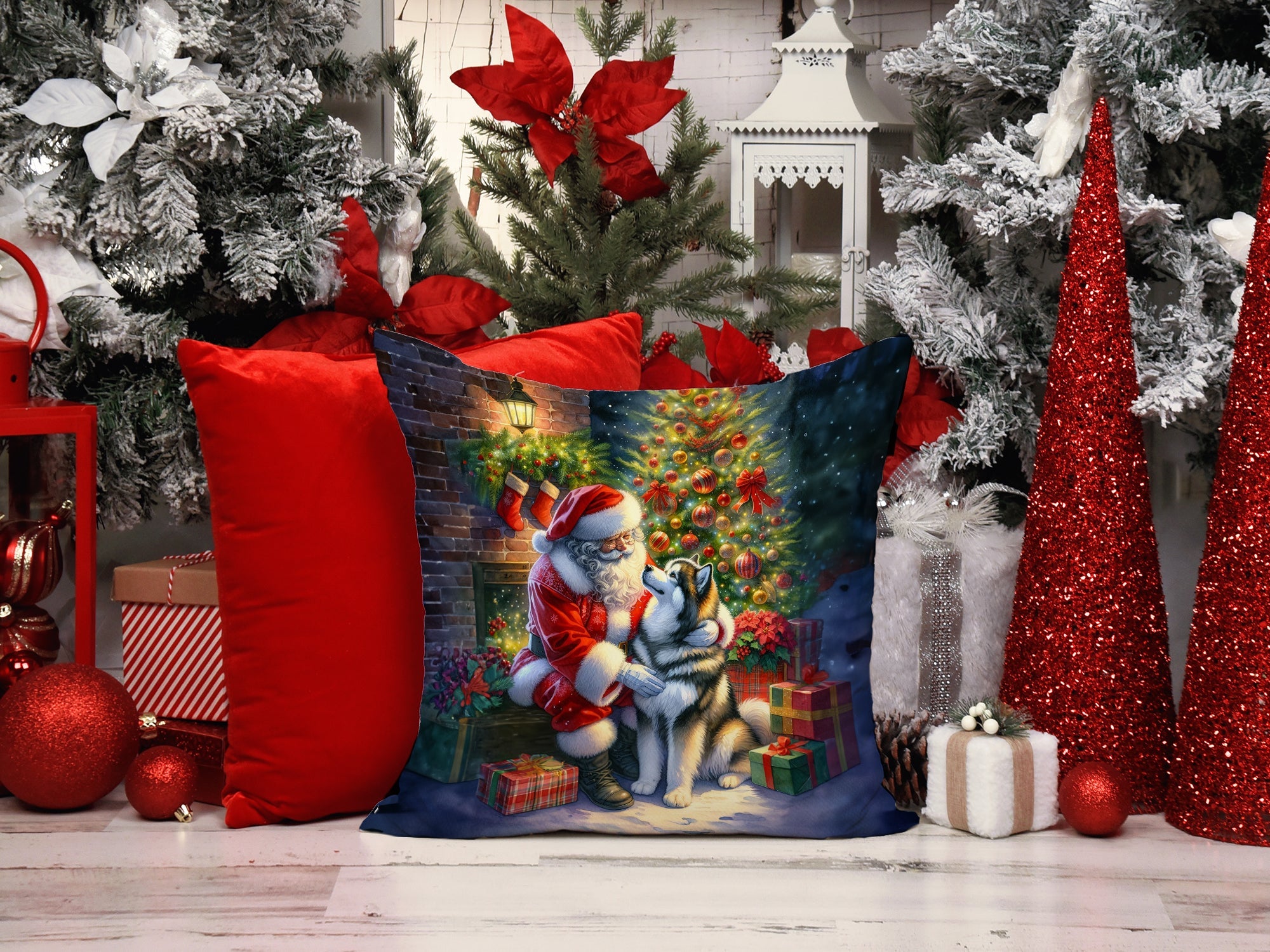 Alaskan Malamute and Santa Claus Decorative Throw Pillow 14x14 Indoor Outdoor Accent Cushion, Fabric Cover with Insert for Sofa, Bed, Porch & Living Room