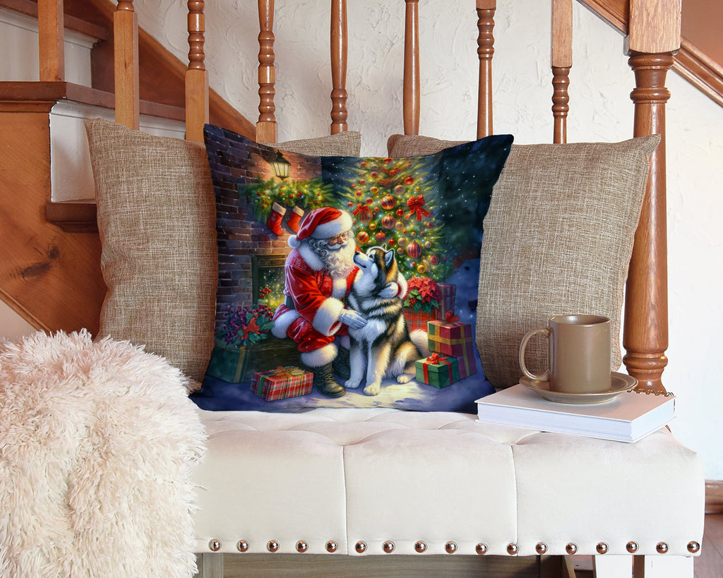 Alaskan Malamute and Santa Claus Decorative Throw Pillow 14x14 Indoor Outdoor Accent Cushion, Fabric Cover with Insert for Sofa, Bed, Porch & Living Room