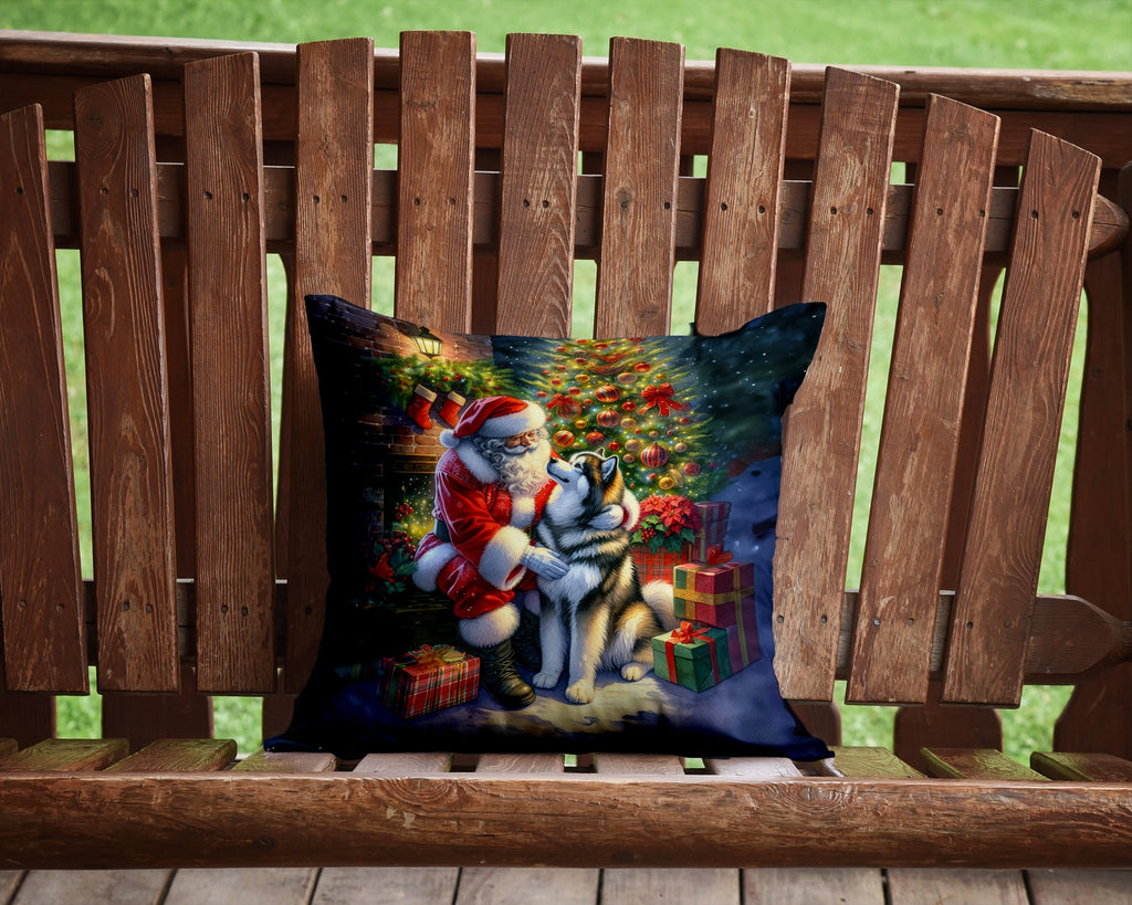 Alaskan Malamute and Santa Claus Decorative Throw Pillow 14x14 Indoor Outdoor Accent Cushion, Fabric Cover with Insert for Sofa, Bed, Porch & Living Room